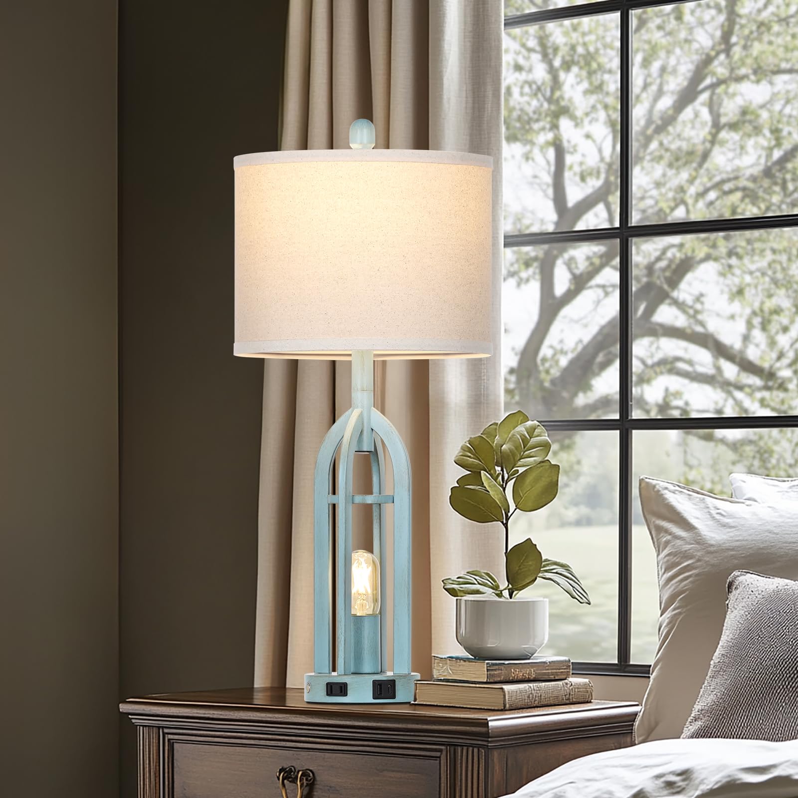 Cinyirong 27" Industrial Farmhouse Table Lamp,Vintage Rustic Blue Beside Lamp With Usb A+C Charging Ports & Ac Outlet, Metal Nightstand Lamp With Led Night Light For Bedrooms (2 Led Bulbs Included)