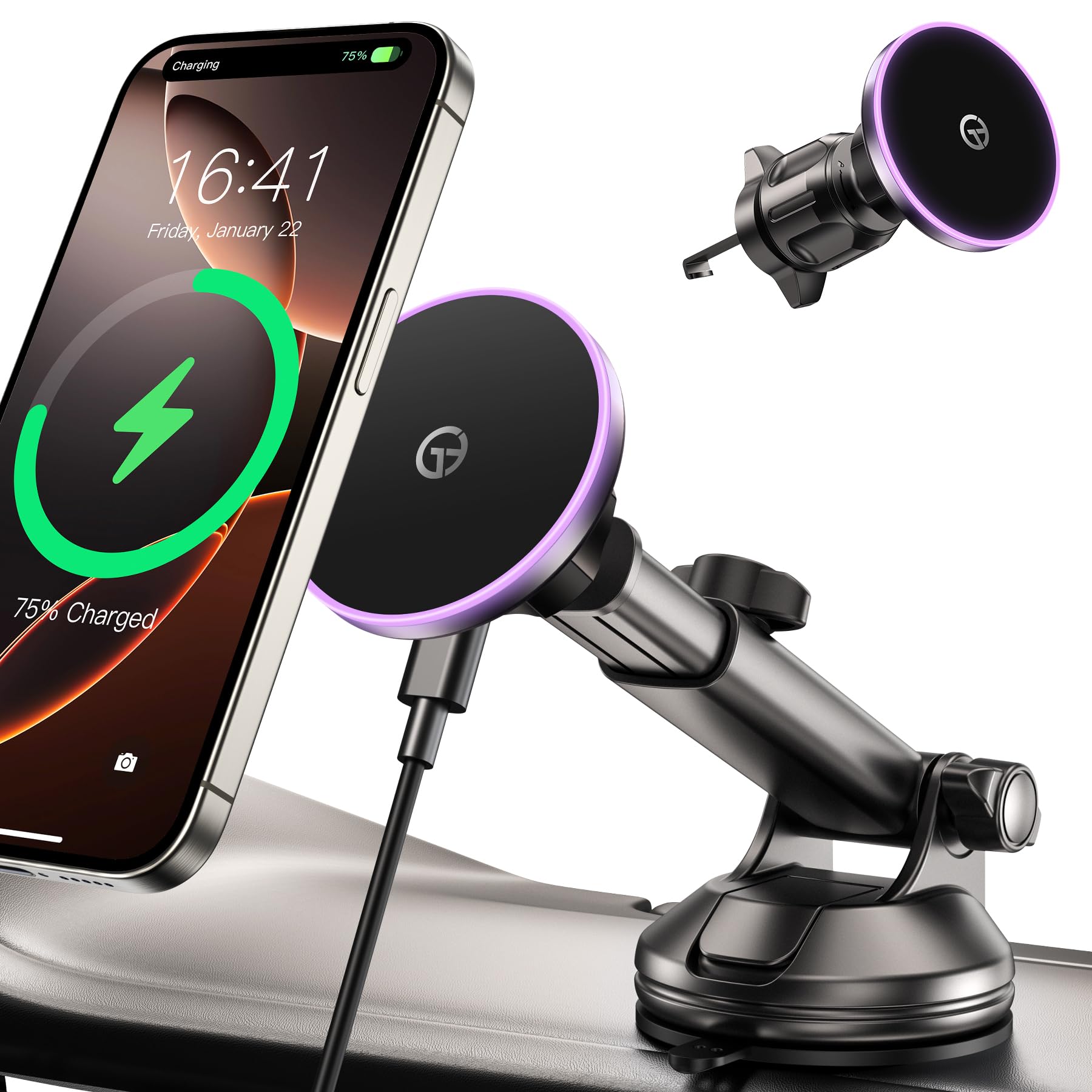 Gumosh For Magsafe Car Mount Charger Dash Vent Windshield Wireless Car Charger With Led Light, Strong Magnetic Phone Holder For Car For Iphone 16 15 14 13 12 Series, Fit Magsafe Accessories (Purple)