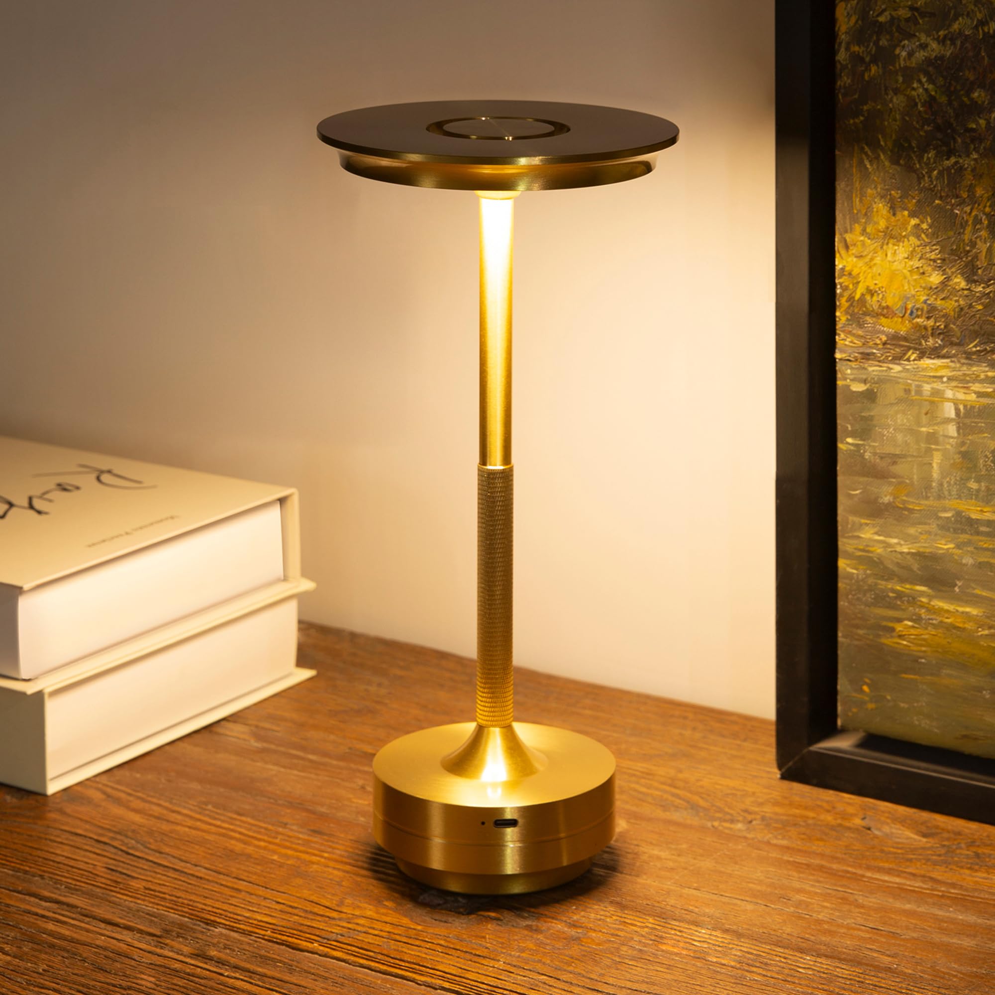 Lusharbor Cordless Table Lamp, 5200Mah Rechargeable Battery Operated Desk Lamp, 3-Color Stepless Dimming Touch Contorl Led Bedside Lamp For Restaurant Bedroom Gold