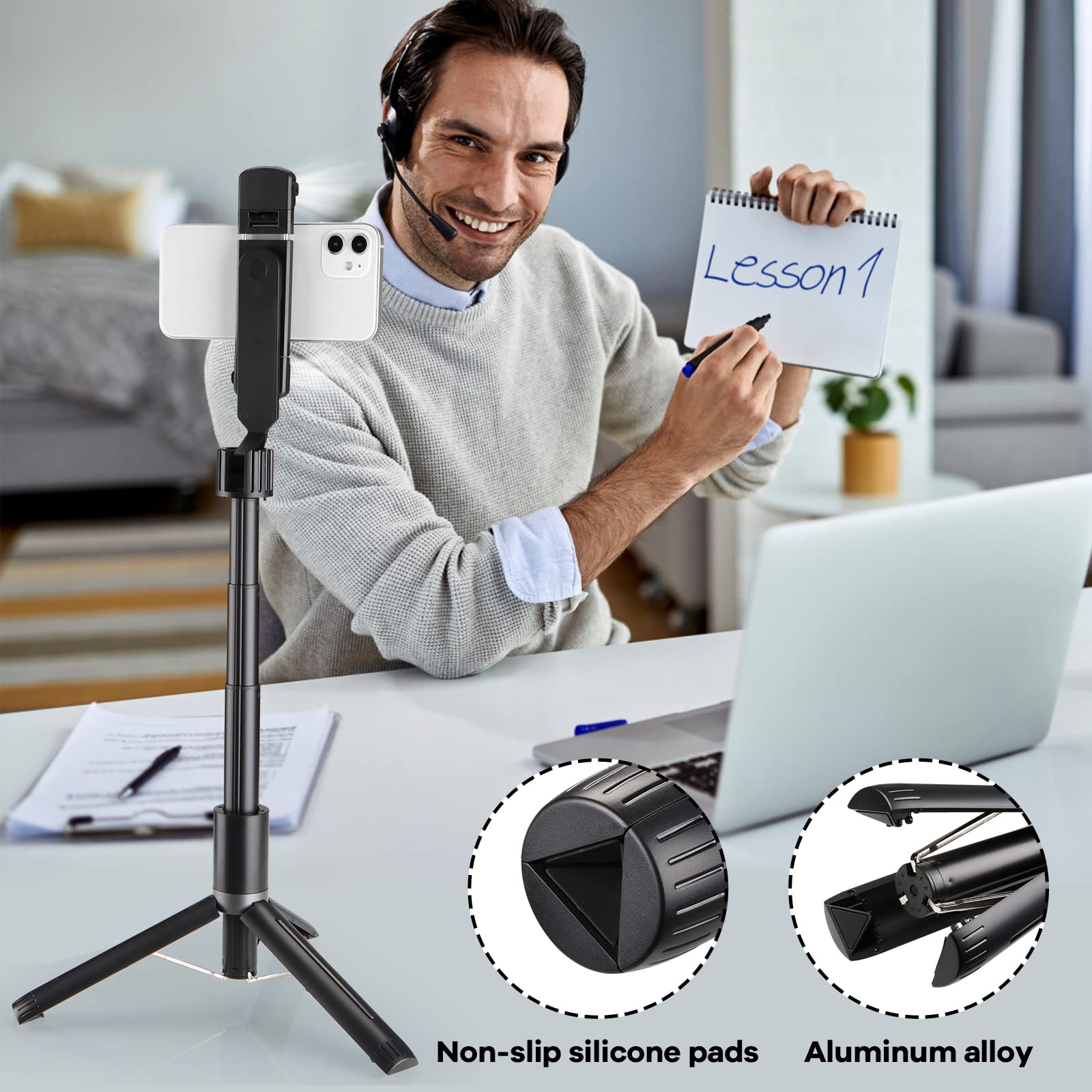 Mqouny Selfie Stick With Rugged Tripod,Extendable 41 Inch Aluminum Alloy Phone Tripod With Detachable Wireless Rechargeable Remote And Dual Ring Light,360 Rotation Phone Holder For Smartphone (Black)