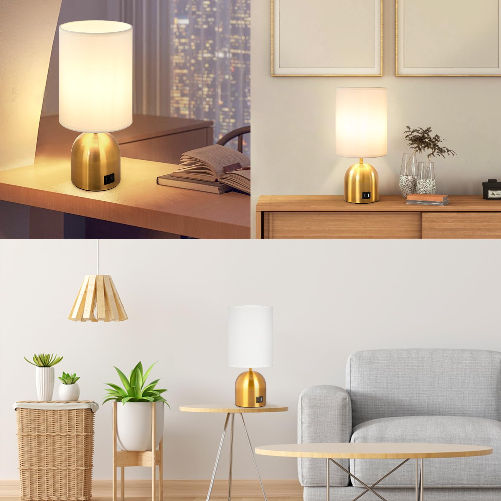 Yacoto Touch Control Table Lamp For Bedroom, 3 Way Dimmable Modern Gold Bedside Lamps With 2 Usb Charging Ports With Metal Base Fabric Shade For Nightstand, Living Room, Home Office(Bulb Included)