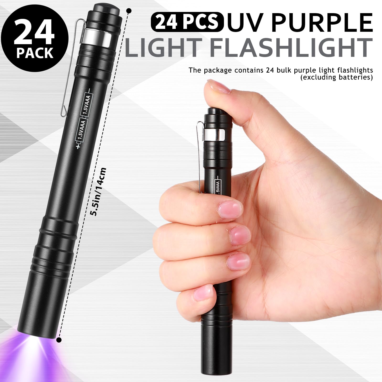 Rossesay 24 Pack Uv Blacklight Flashlights Bulk, 395Nm Uv Pen Light With Clip, Led Handheld Blacklight Detector For Leak Pet Urine Hotel Inspection Dry Stain Neon Party Favors(Black)