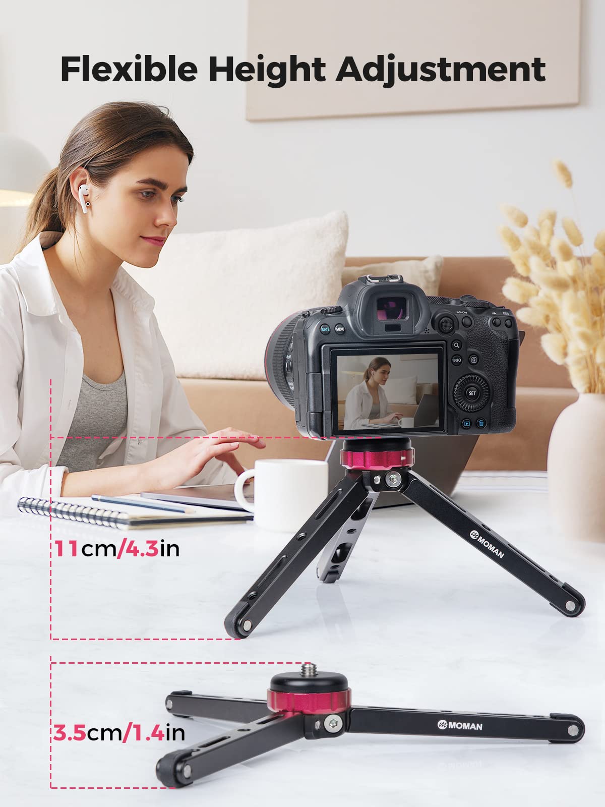 Moman Mini Camera Tripod, Tabletop Short Tripod Desktop Tr01 With 1/4 And 3/8 Screw Mount And Function Leg Cnc Aluminum Tripod For Dslr Camera/Gopro/Video/Camcorder, Max Payload Of 176 Lbs/80Kg, Red