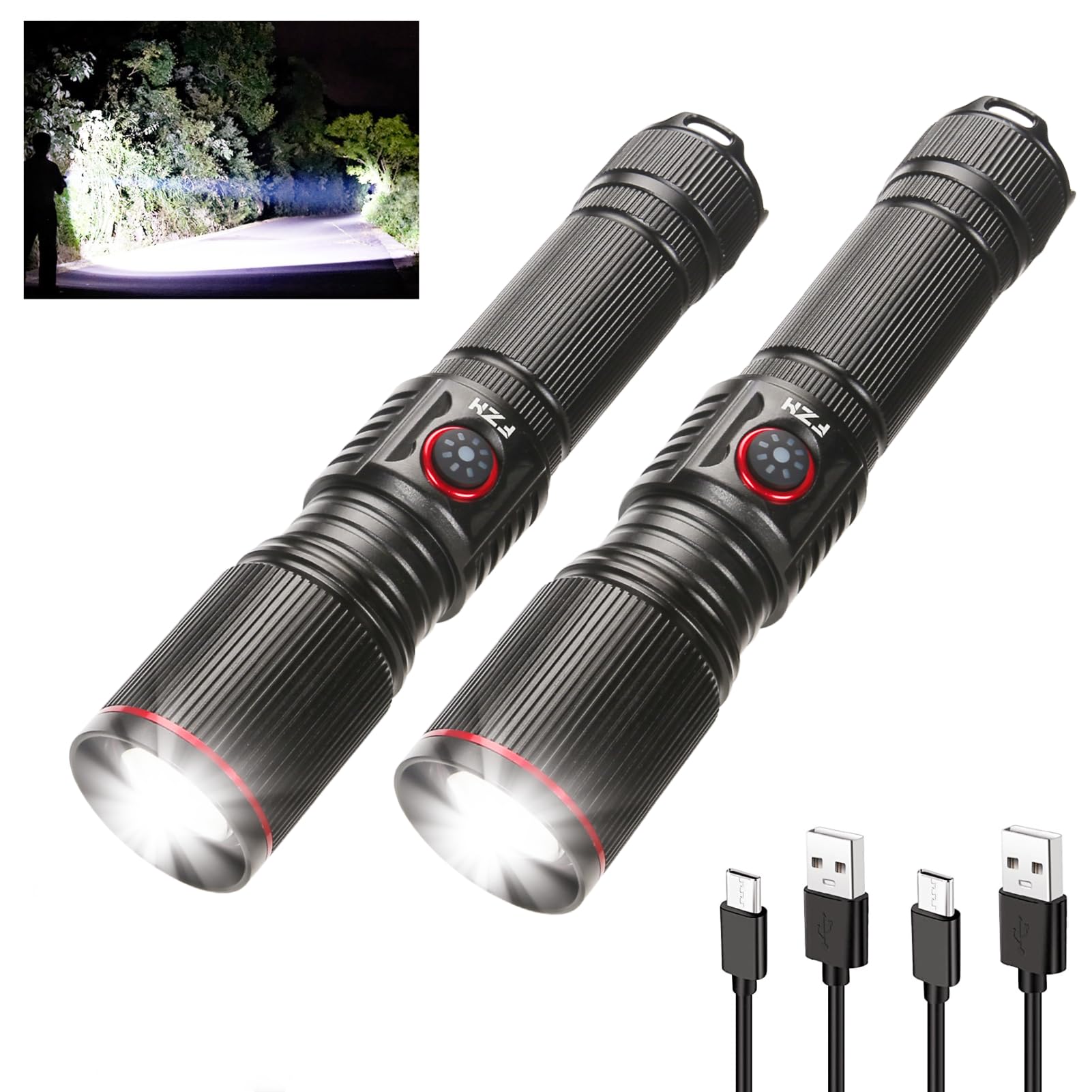 Fzh Flashlights High Lumens Rechargeable 2Pc 10000Lm Led Infinitely Dimmable Super Bright Usb Flash Light Powerful Handheld Utility Torch, 5 Modes, Waterproof For Outdoor Emergencies Camping