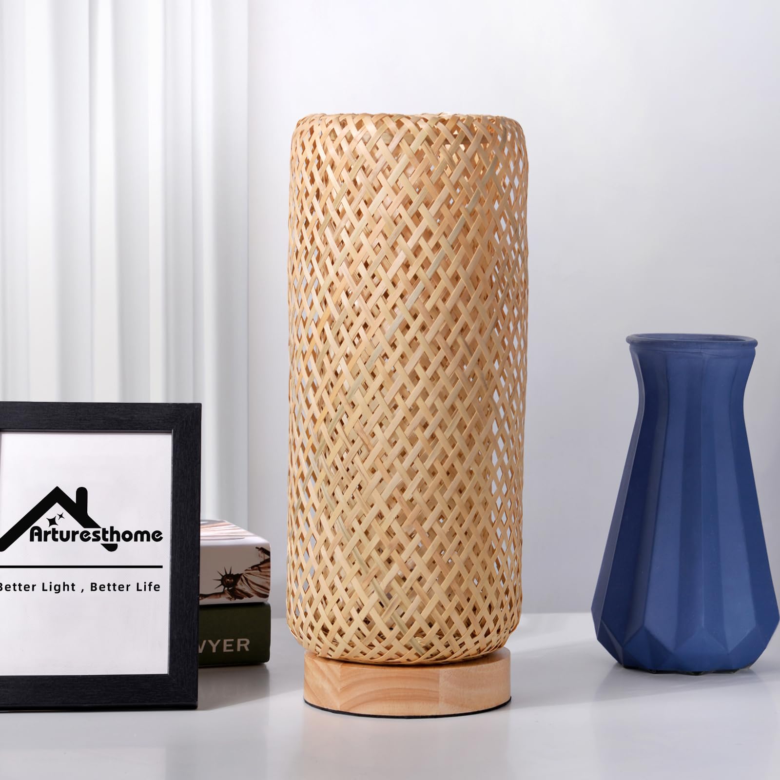 Arturesthome Bamboo Table Lamps With Shade, Rustic Farmhouse Boho Coastal Desk Lamp Night Light For Decorative Bedroom, Study Room, Cafe, Bookcase