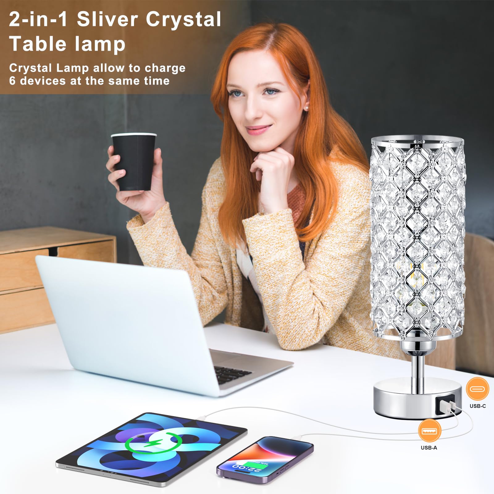 Hong-In Crystal Touch Lamp With Touch Control, Sliver Table Lamp With Usb-C+A Ports, 3 Way Dimmable Bedside Lamp Decorative Modern Nightstand Lamp, Bedroom Light For Living Room Side Table(Bulb Included)