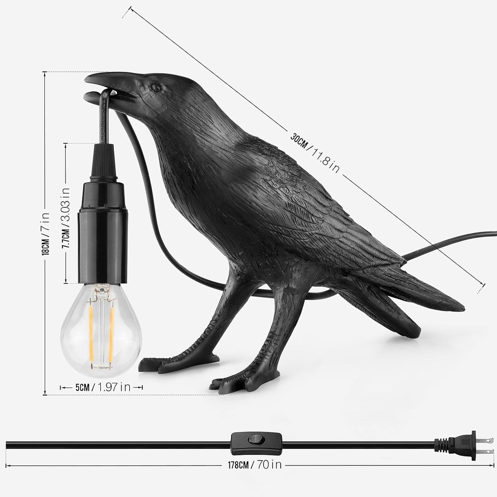 Smowfes Gothic Raven Table Lamp With E14 Base - Lifelike Crow Bird Desk Light For Bedroom, Bedside & Home Decor - Animal Styling Resin Gothic Lamp (Black)