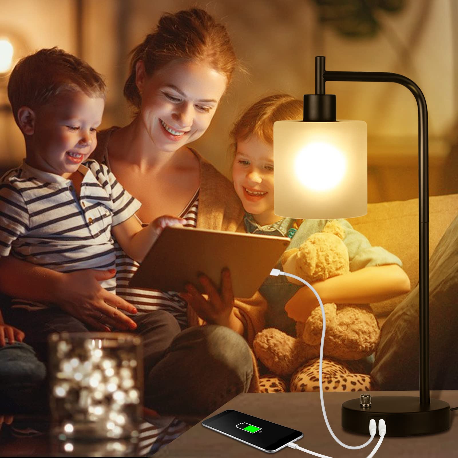 Topyond Modern Table Lamp, Dimmable Touch Control Black Bedside Lamp With 2 Usb Ports, Ac Socket, Round Shade For Bedroom, Living Room And Home Office Use