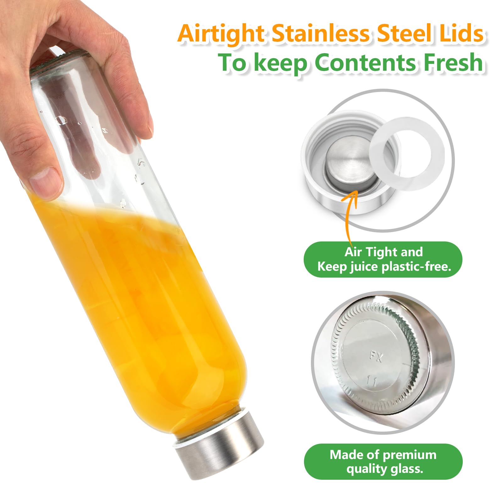 Zukro Glass Water Bottles With Lids 18 Oz, Reusable Clear Juice Bottles With Stainless Steel
