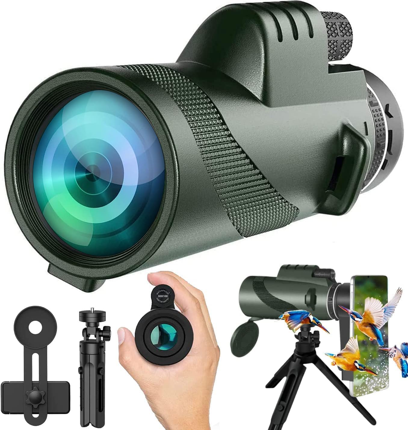 Physiophyx Monocular-Telescope 80X100 High Powered Monoculars High Definition For Adults High Powered With Smartphone Adapter Telescope Hunting Wildlife Bird Watching Travel Camping Hiking