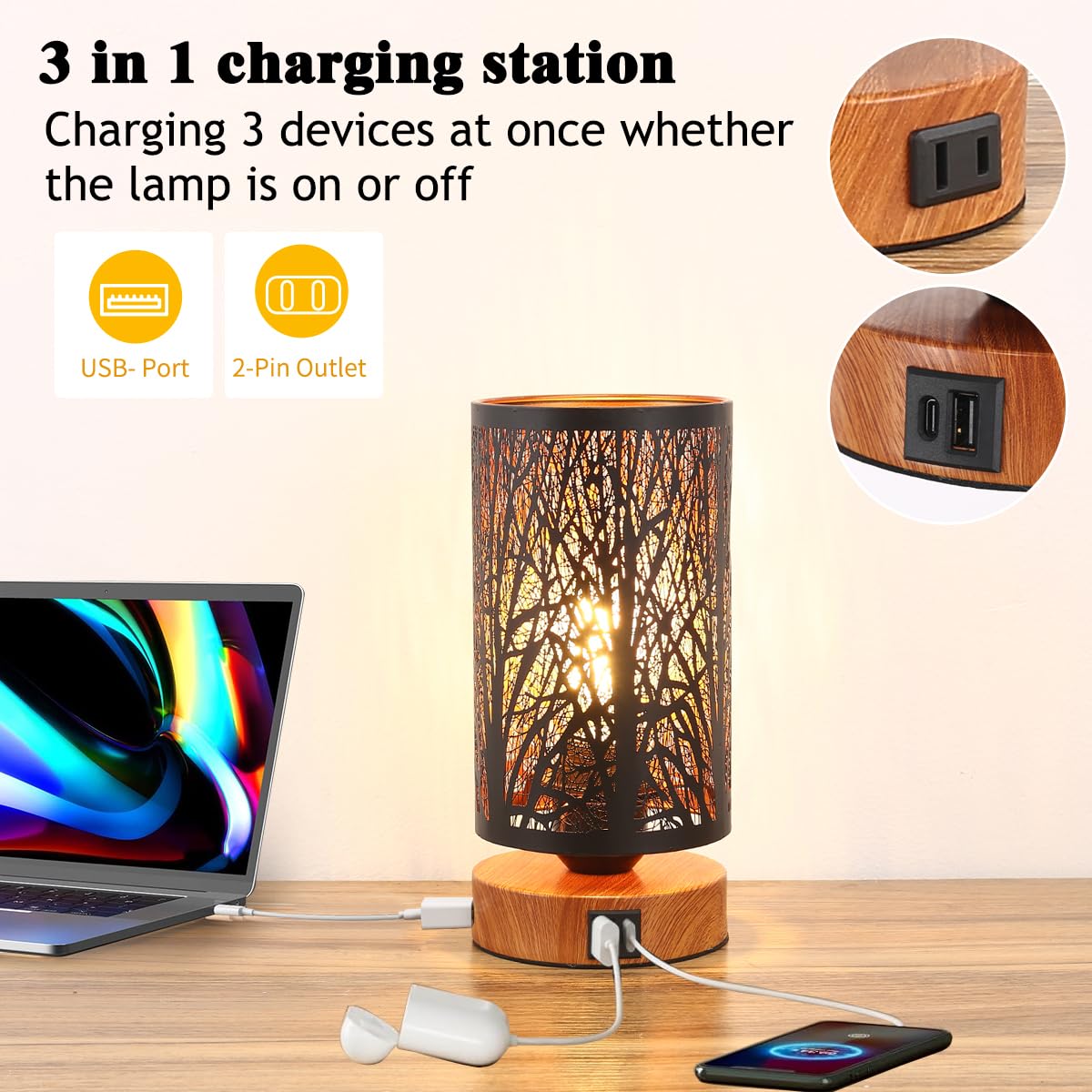 Tingsize Table Lamp For Night Stands, Bedside Lamp With Usb Port And Outlet, Touch Lamps For Bedroom, Bed Lamp With Metal Shade For Home Deor,Led Bulb Included