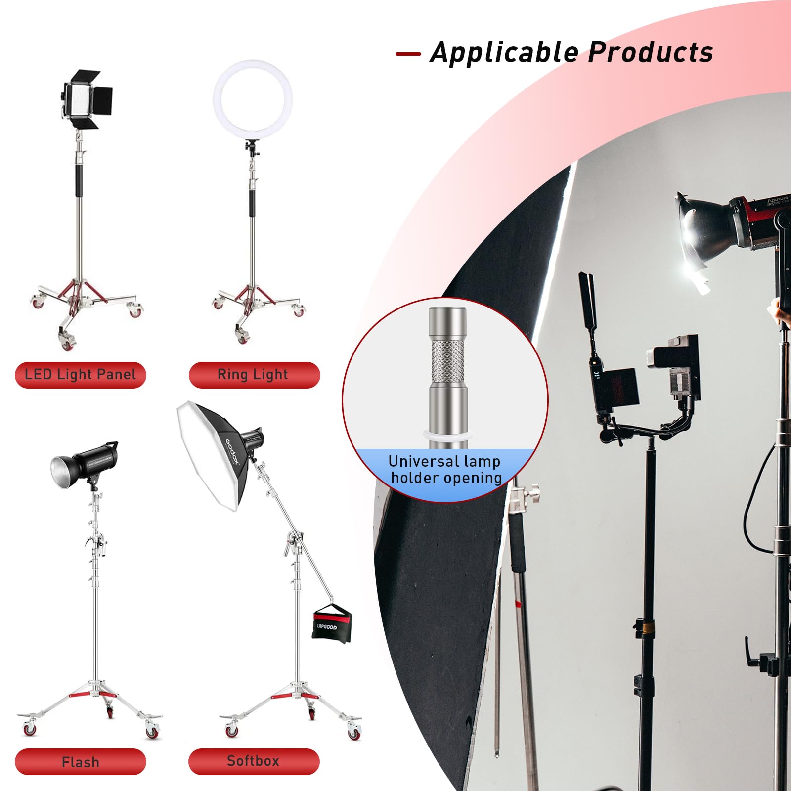 Lapgood Heavy Duty Light Stand With Casters, Adjustable Tripod Stand With 100% Stainless Steel, Photography Wheeled Base Stand For Studio Softbox, Monolight, Reflector, Max Height: 10Ft/305Cm