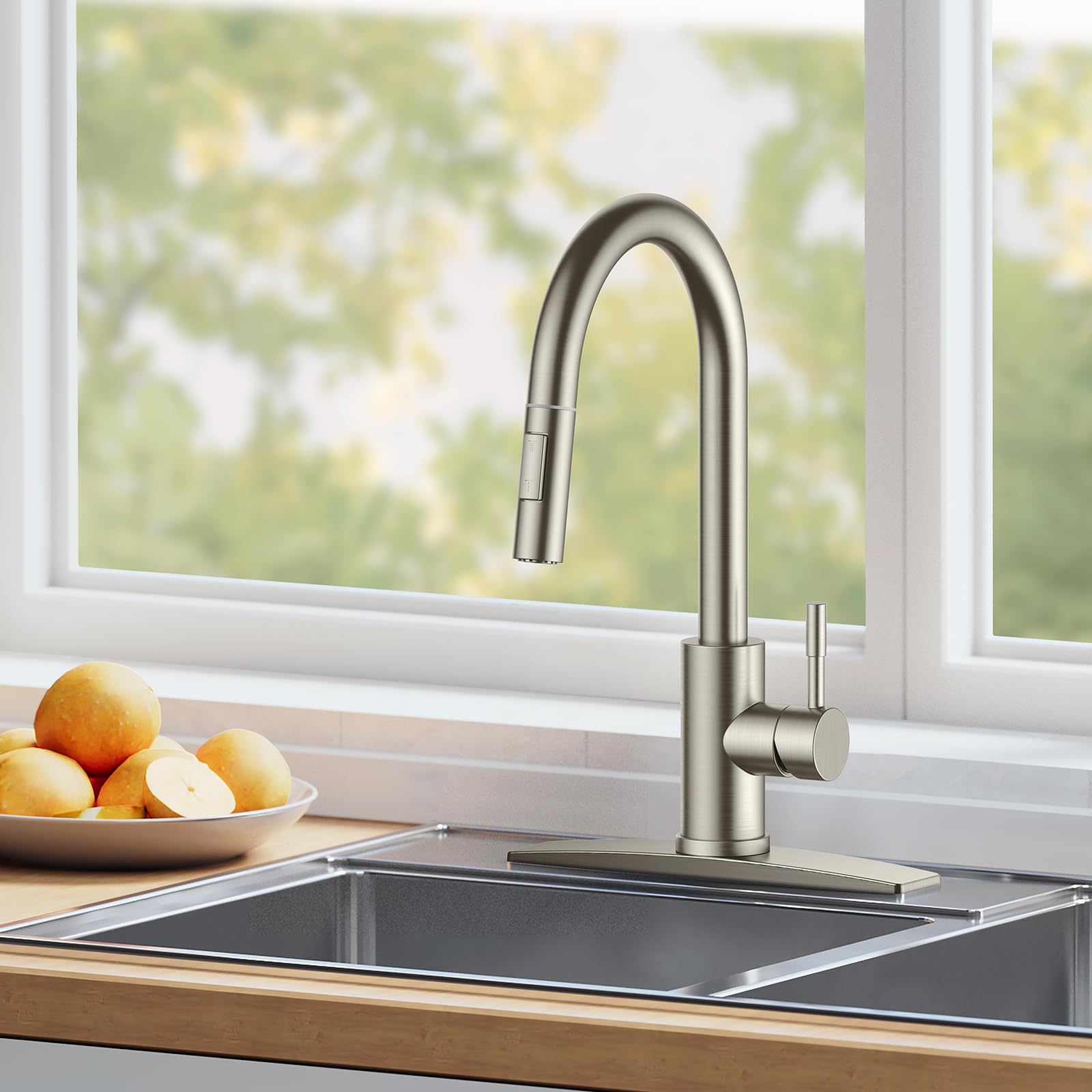Forious Kitchen Faucet With Pull Down Sprayer, High Arc Modern Classic Sink Faucet Stainless Steel With Deck Plate Fit For 1 Or 3 Hole For Bar Farmhouse Laundry Rv, Nickel Brushed
