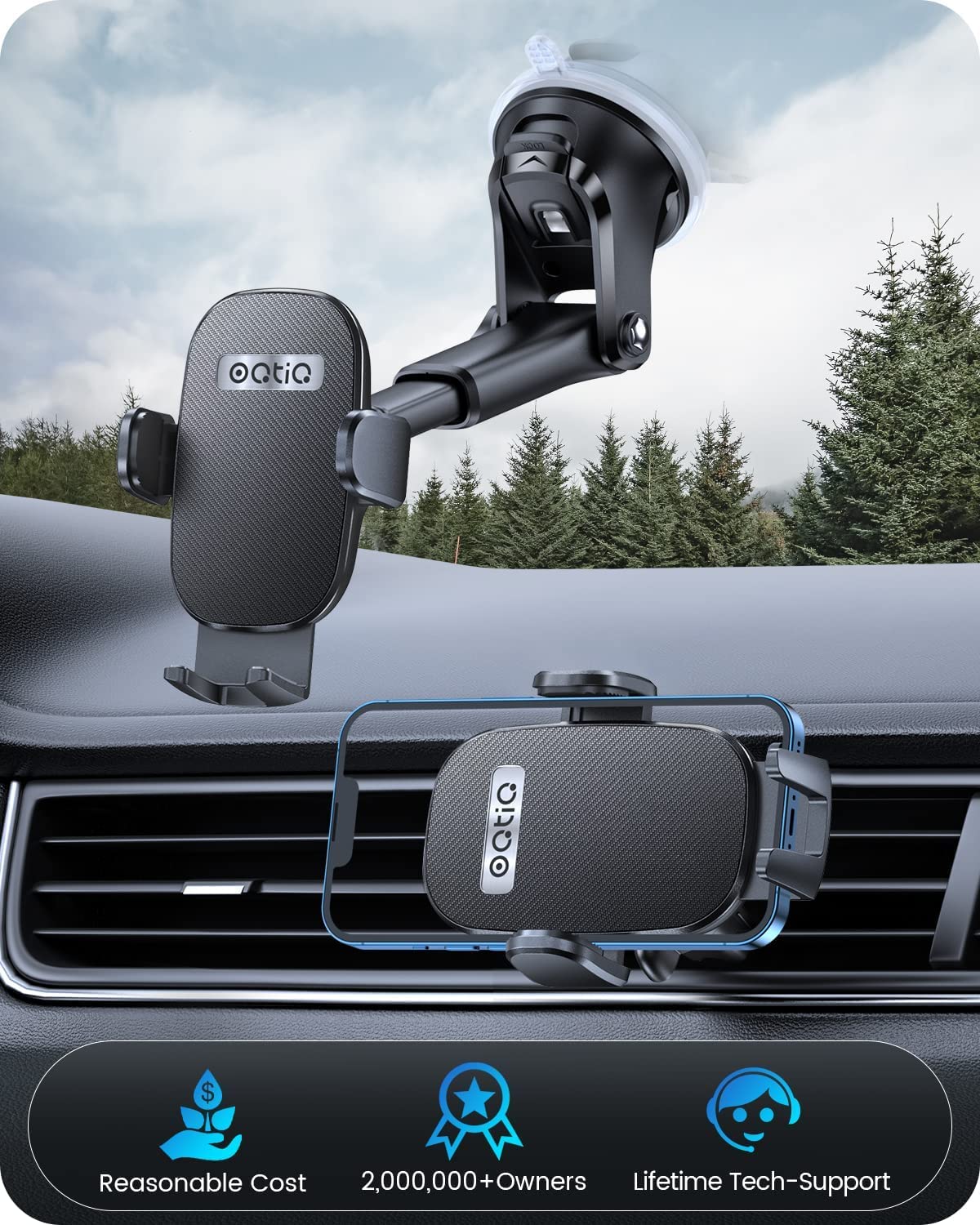 Oqtiq 3-In-1 Car Phone Mount – Dashboard, Windshield & Air Vent Holder With Strong Suction Cup, Adjustable Arm, 360° Rotation – Compatible With Iphone & Android Phones