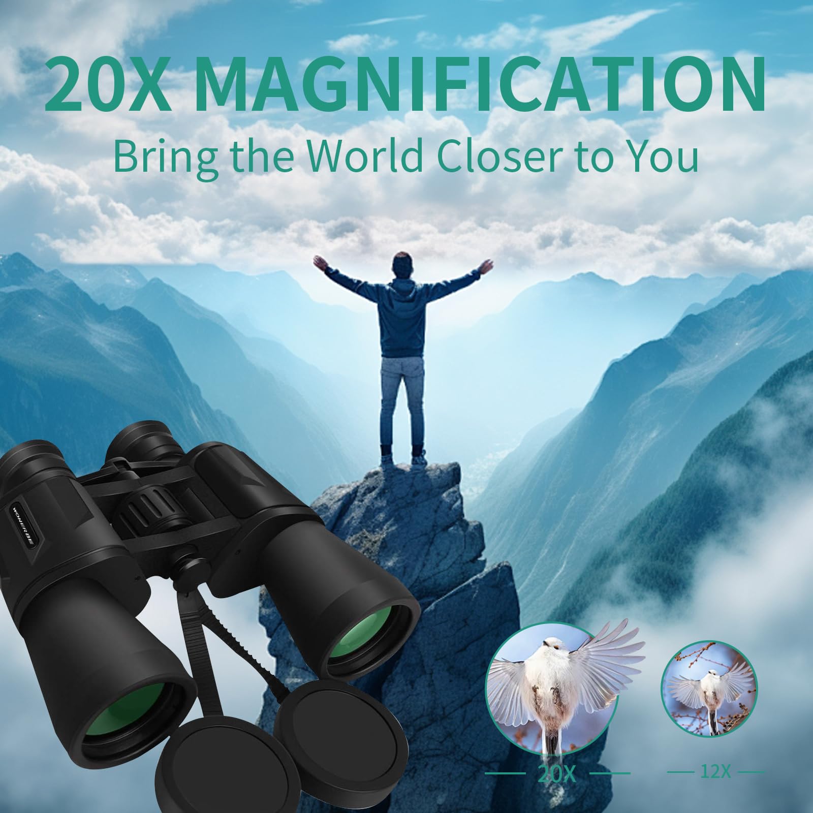 Wonerbe 20X50 Binoculars For Adults, Hd High Powered Professional Compact Binoculars For Bird Watching Travel Stargazing Concerts Outdoor Sports-Bak4 Prism Fmc Lens,Waterproof With Phone Adapter