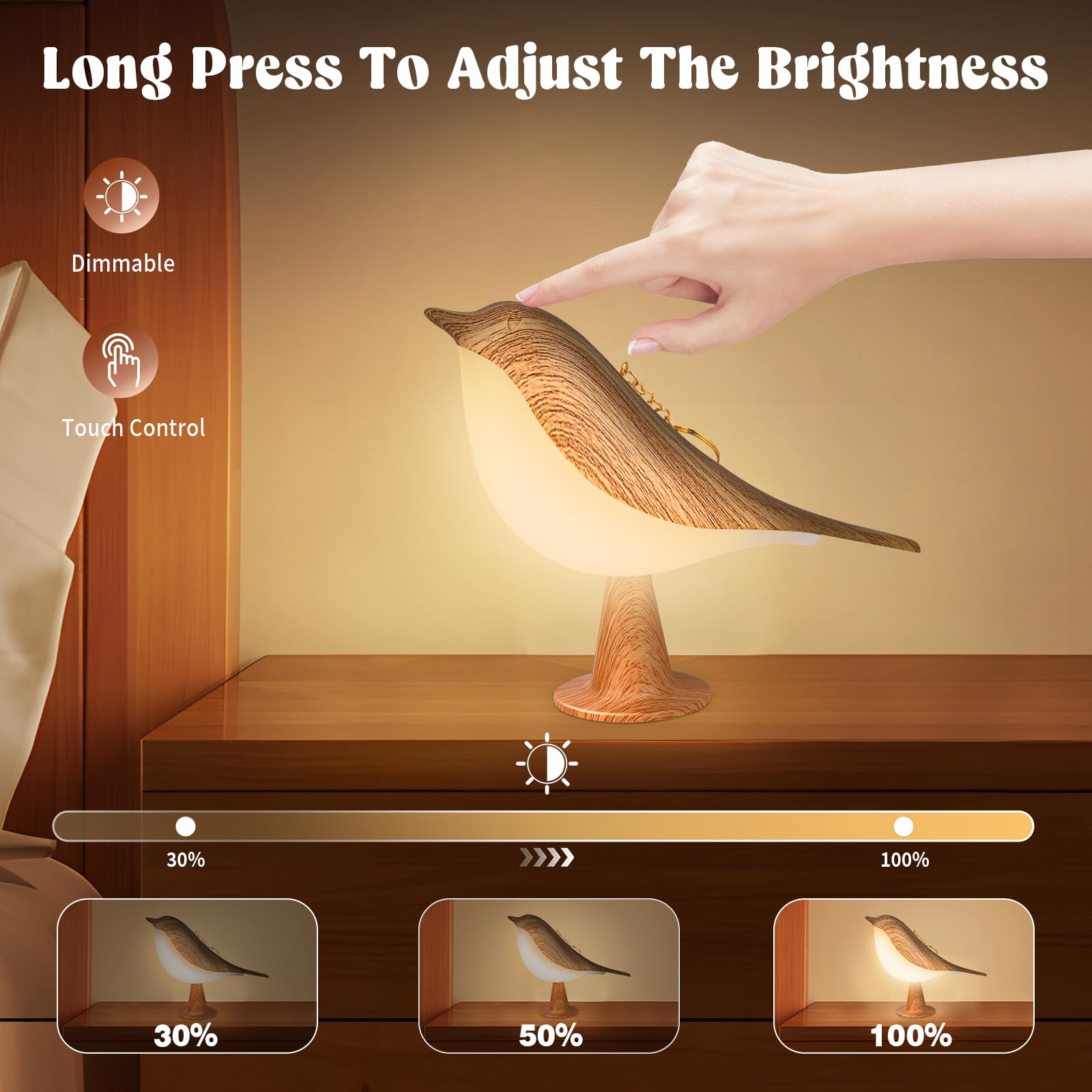 Yotozu Small Bird Lamp, Bird Bedside Touch Sensor Lamps Led Cordless Table Lamp Rechargeable Night Lights Desk Lamps For Nightstand Kids Bedroom Living Room(Yellow)
