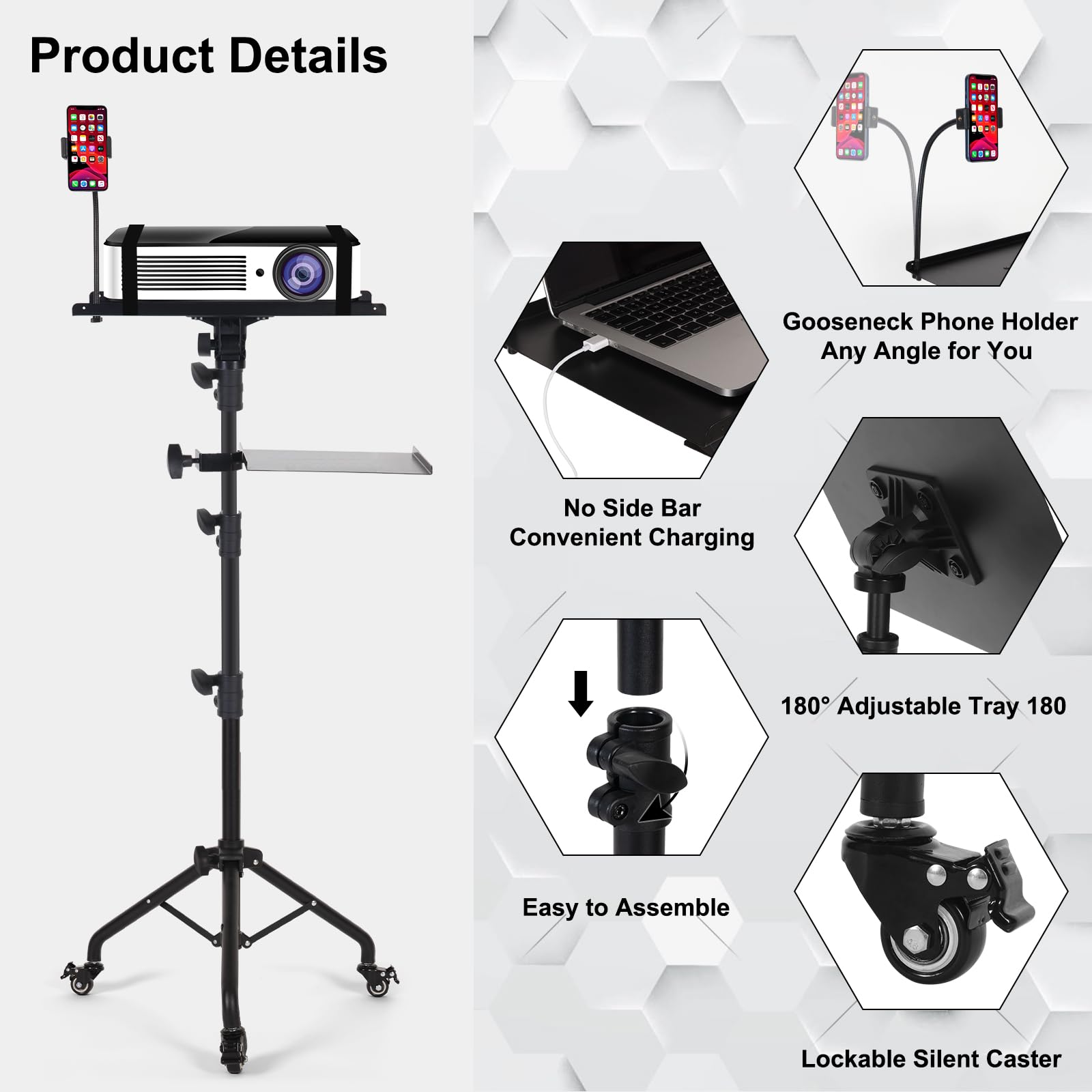 Tossbiss Laptop Tripod On Wheels With 2 Shelves, Portable Projector Floor Stand Adjustable Height 25.9 To 51.8 Inch With Phone Holder