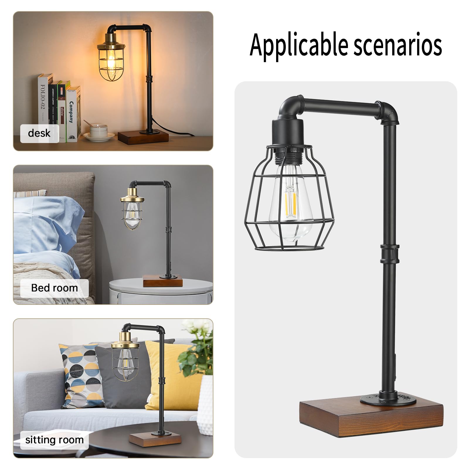 Conca Industrial Steampunk Table Lamp, Edison Bulb, Metal, A-Black, 19.6X11.7X5.35 Inches, 3 Lbs, E26 Base, 800 Lumen, 120V