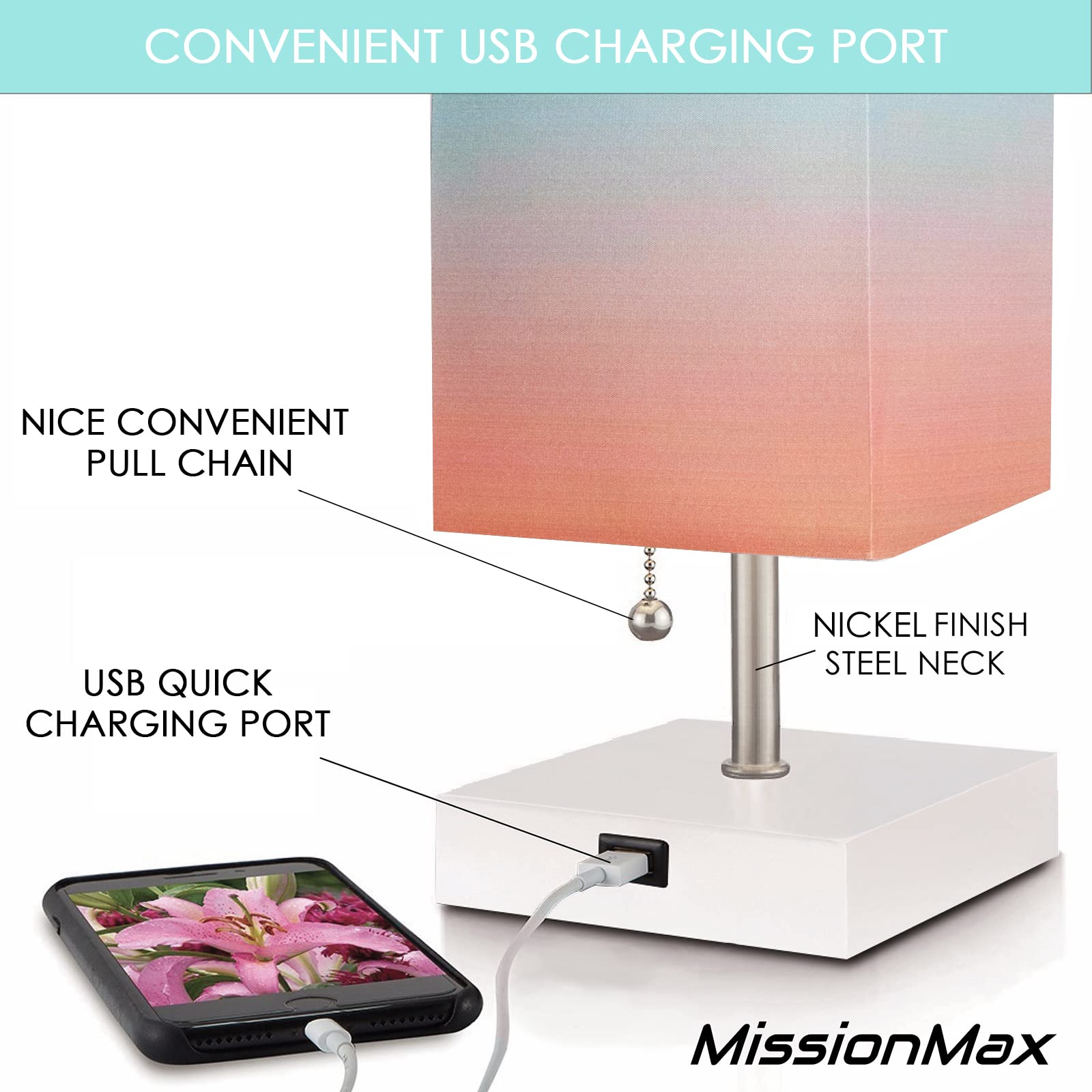 Missionmax Modern Desert Sunset Small Table Lamp W Usb Quick Charging Port, Great For Led Bedside, Desk, Bedroom, And Nightstand Lamps Or Other Table Lights