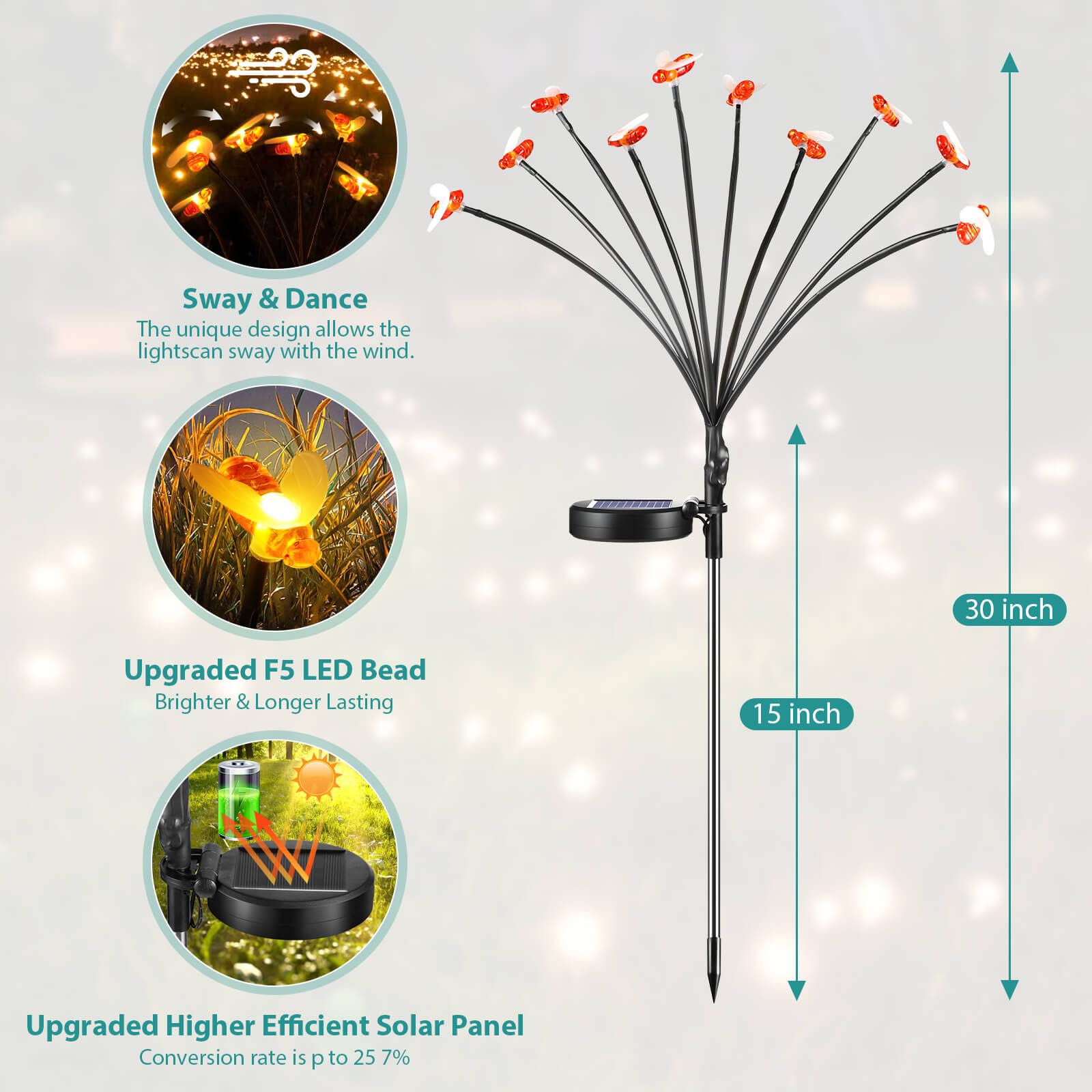 Semilits Solar Landscape Path Lights 10Led Honey Bee Garden Decoration Outdoor Solar Lights 2Pack