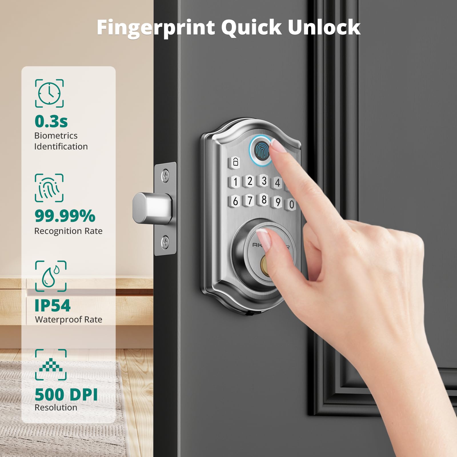 Akagear Ds10 Pro Keyless Entry Door Lock, Fingerprint Door Locks, Electronic Keypad Lock, Smart Deadbolt, Smart Locks For Front Door, Auto-Lock & One Touch Locking With Bluetooth - Satin Nickel