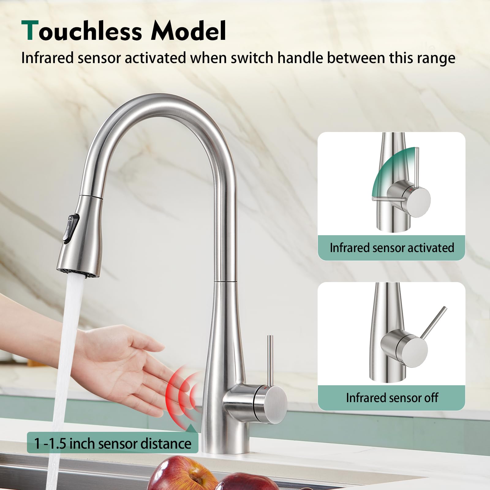 Crea Infrared Sensor Kitchen Faucet,Touchless Kitchen Faucets With Pull Down Sprayer,360° Swivel Brushed Nickel Single Hole Laundry Faucet For Uitility Sink Commercial Rv Bar Faucet Stainless Steel