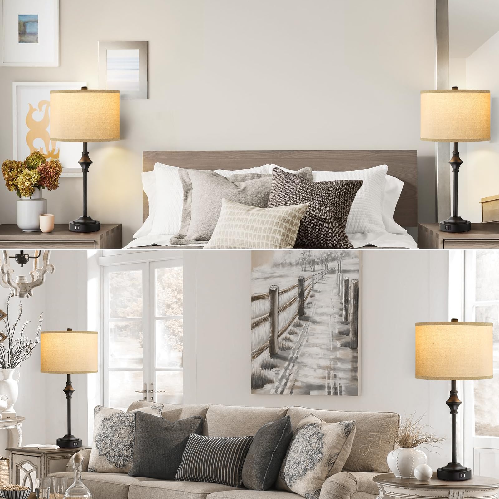 Cnxin 26" Farmhouse Table Lamps For Bedroom Set 2, Buffet Lamps With 3-Color Temperatures For Living Room End Table Lamp, Tall Vintage Bedside Nightstand Lamps With Dual Usb Ports, Bulbs Included