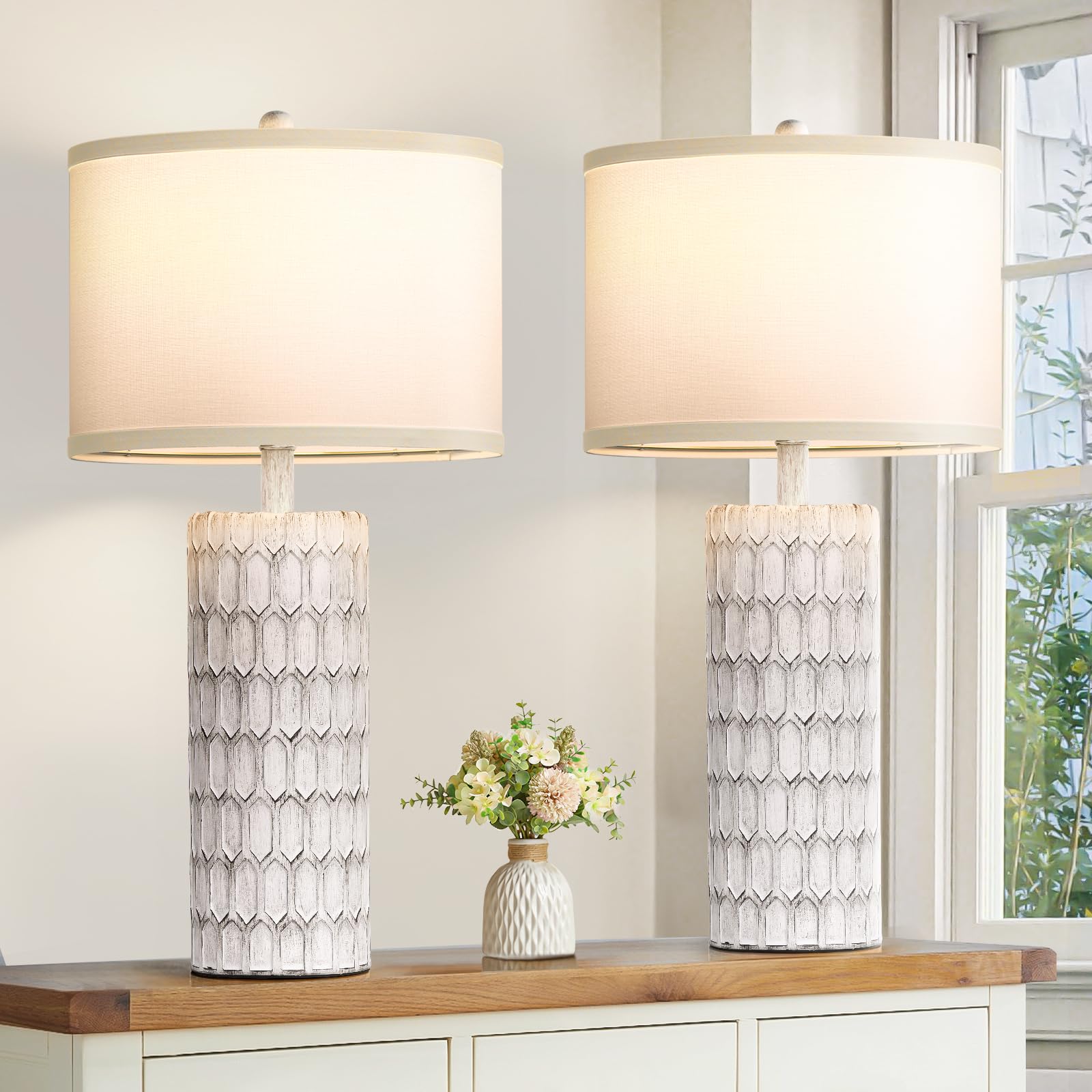 Spclsim 26" Farmhouse Table Lamps For Bedrooms Set Of 2, Traditional Tall End Table Lamps For Living Room,Rustic Bedside Nightstand Lamps With Grey-White Resin Body White Fabric Shade,Bulbs Included
