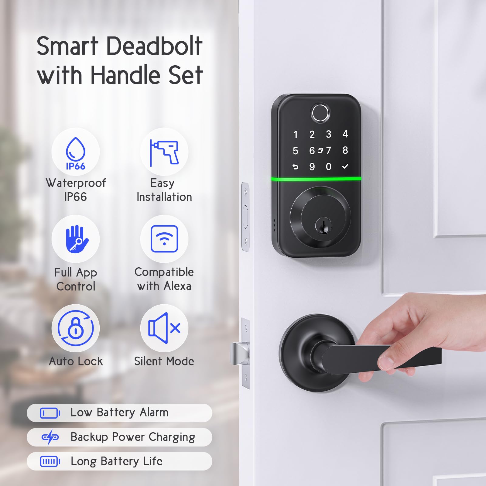 Wisegear Keypad Handle Set Smart Lock - Fingerprint Deadbolt With 2 Levers - App Controlled Keyless Entry - Waterproof & Electronics