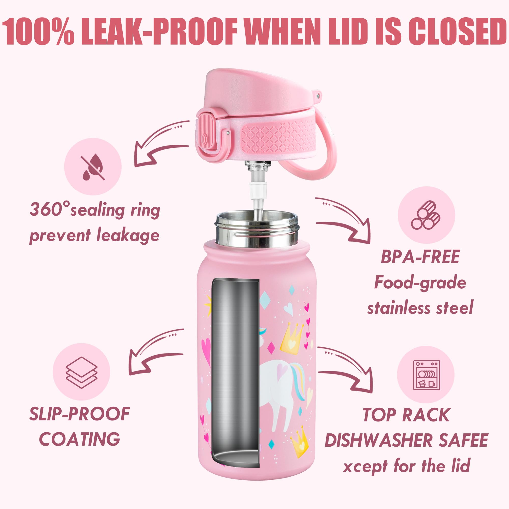 Oldley 12Oz Kids Water Bottle, Stainless Steel Insulated Water Bottle For Kids, With Straws Leak-Pr