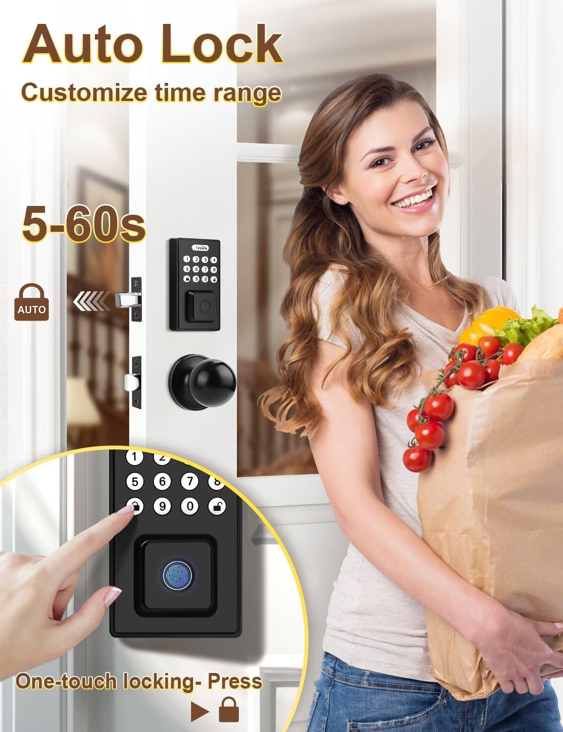 Tia Keyless Entry Door Lock With Door Knobs, Fingerprint Entry Door Handleset, Electronic Digital Keypad Deadbolt With App, Auto Lock & One Touch Locking, Front Smart Door Handle Sets, Black