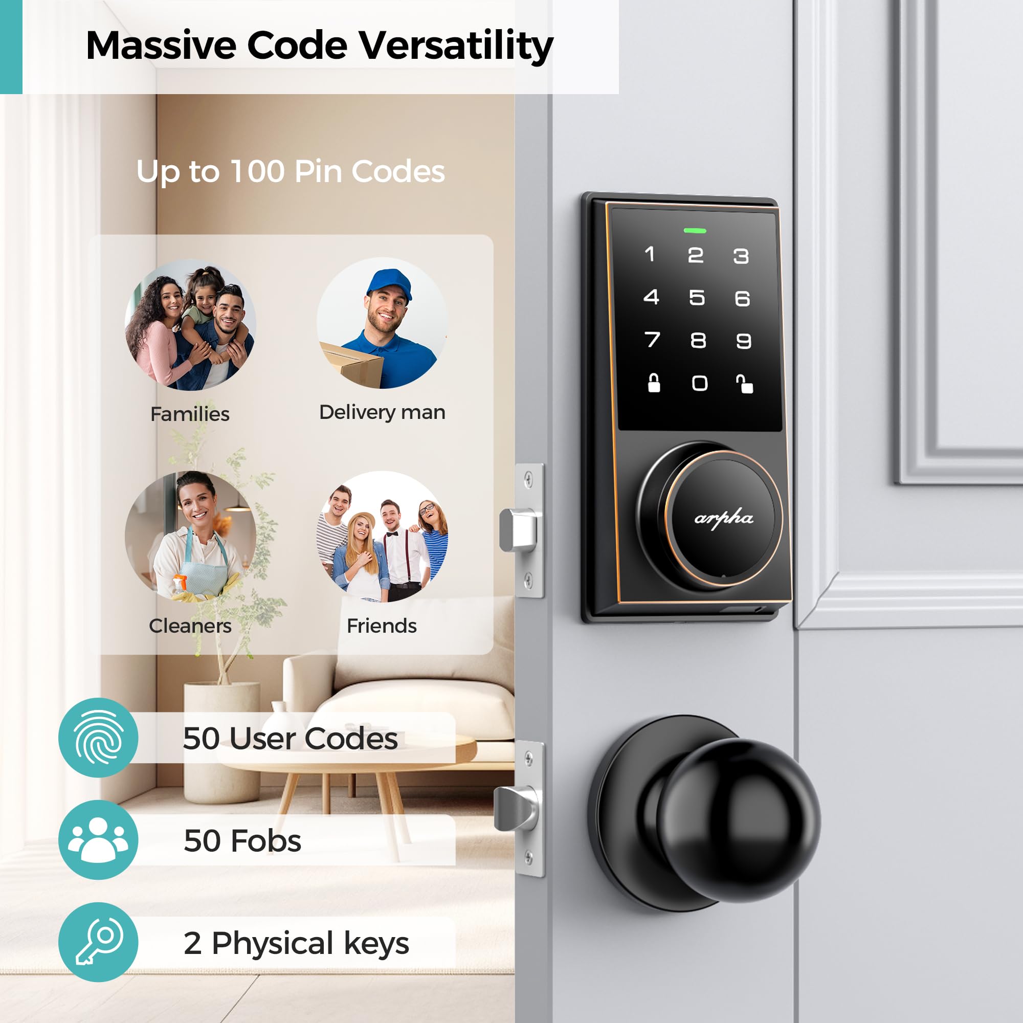 Arpha Keyless Entry Door Lock Deadbolt With Handle Set, 5-In-1Electronic Door Locks Deadbolt, 5 Ways To Unlock, 100 User Codes, Auto-Locking, Ip54 Waterproof, Easy To Install
