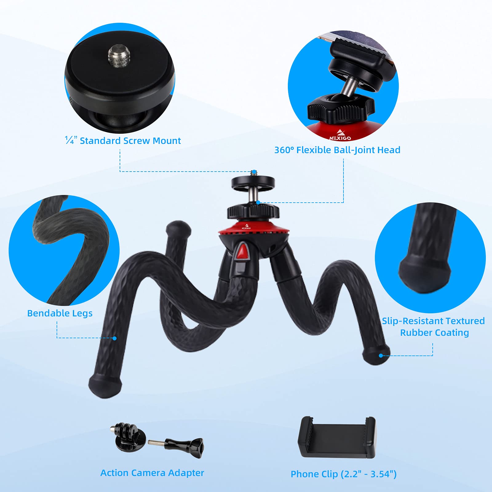 Nexigo Mini Tripod For Camera/Phone/Webcam, Flexible Camera Tripod Stand, Compatible With Logitech Webcam C920 C922 Brio Iphone/Android/Camera, Vlogging/Live Streaming (Black)