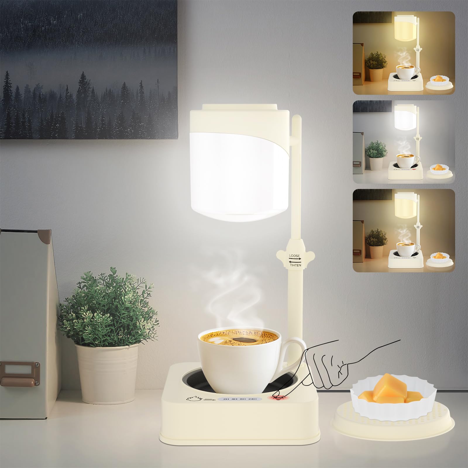 Itoncs 3 In 1 Touch Bedside Table Lamp, Wax Melt Warmer, Coffee Mug Warmer, Modern Small Lamp For Bedroom Nightstand, Electric Candle Lamp Warmer With Timer Function For Living Room, Desk, White