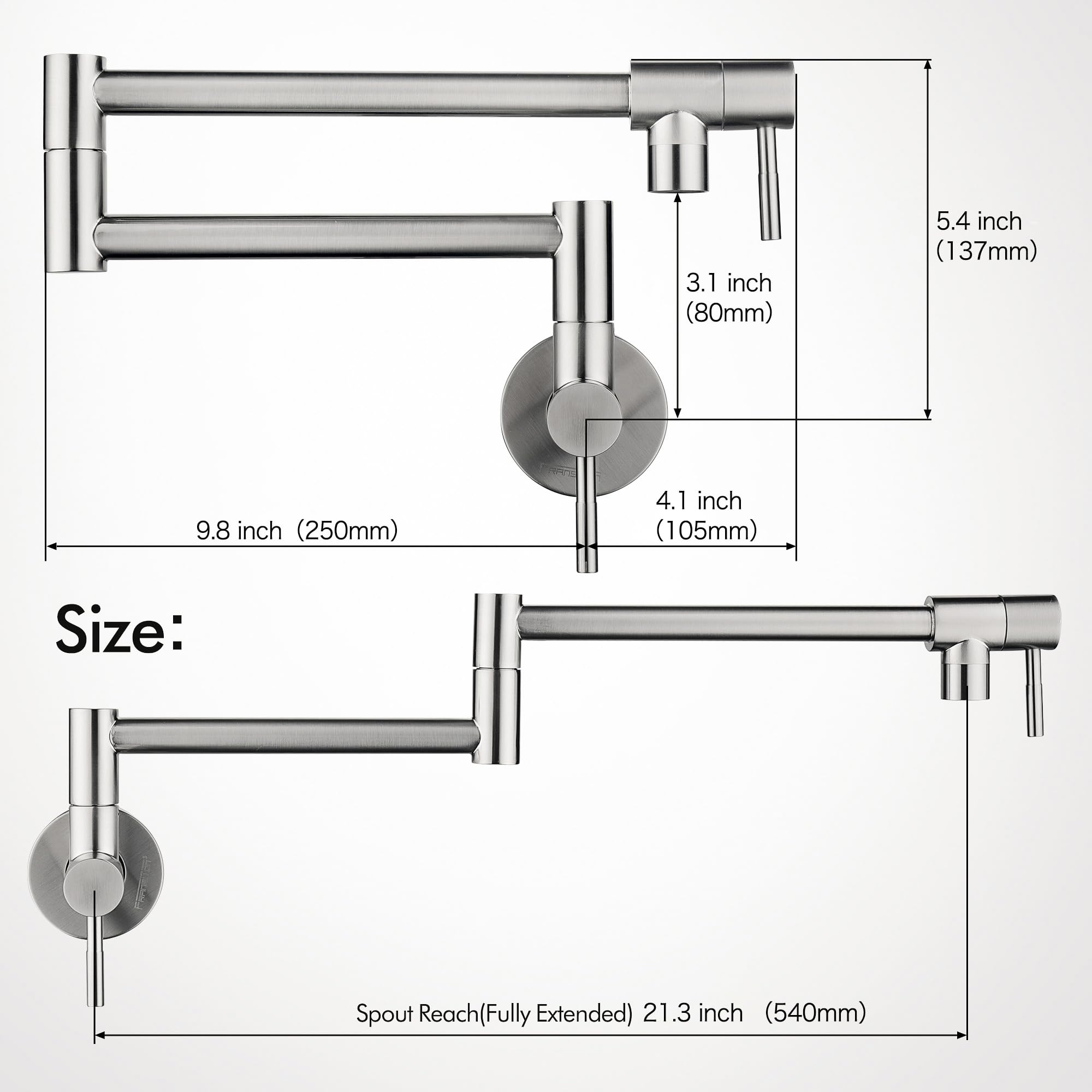 Fransiton Brushed Nickel Pot Filler, Pot Filler Faucet Wall Mount, Brass Folding Stretchable With Double Joint Swing Arm Single Hole Two Handles Kitchen Restaurant