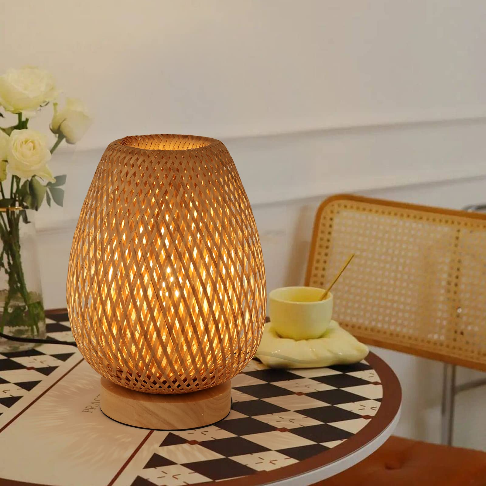 Walmhomie Handmade Boho Bamboo Table Lamp Wicker Woven Plug-In Desk Lamp, Boho Table Lights For Bedrooms Bedside Reading Light For Home Decor, 7.87''X11.81''