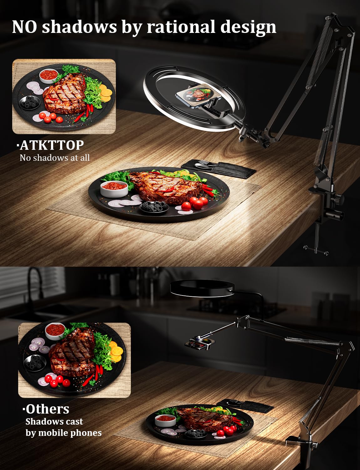 Atkttop 10.5'' Ring Light With Overhead Phone Mount [Anti-Shaking] Adjustable Led Selfie Circle Light Stable Iphone Desk Stand & Holder For Video Recording, Clamp Tripod For Live Stream,Tiktok,Youtube