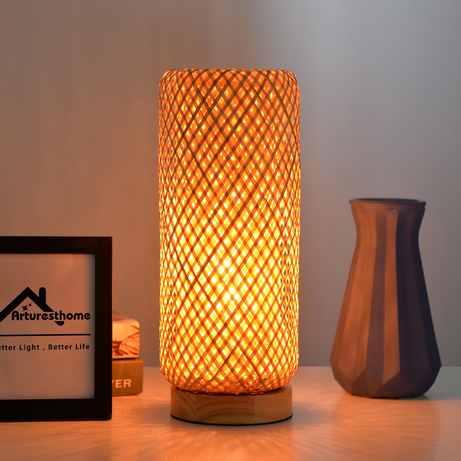 Arturesthome Bamboo Table Lamps With Shade, Rustic Farmhouse Boho Coastal Desk Lamp Night Light For Decorative Bedroom, Study Room, Cafe, Bookcase