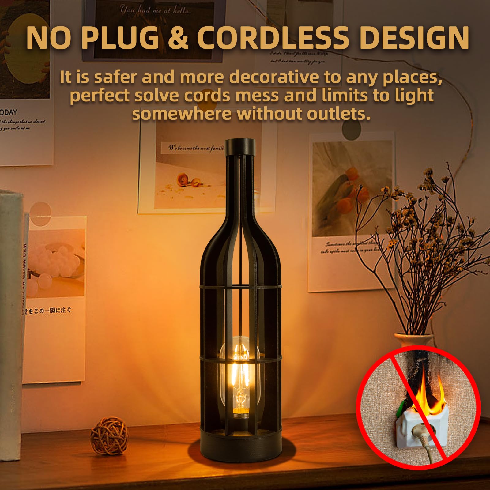 Mj Premier Battery Operated Cordless Lamps Timer, Wooden Wine Bottle Shape Table Lamp, Portable Emergency Lamp For Area No Plug, Decorative Accent Lamp For Tabletop/Corner/Entryway/Stairway/Bathroom (Jet Black)