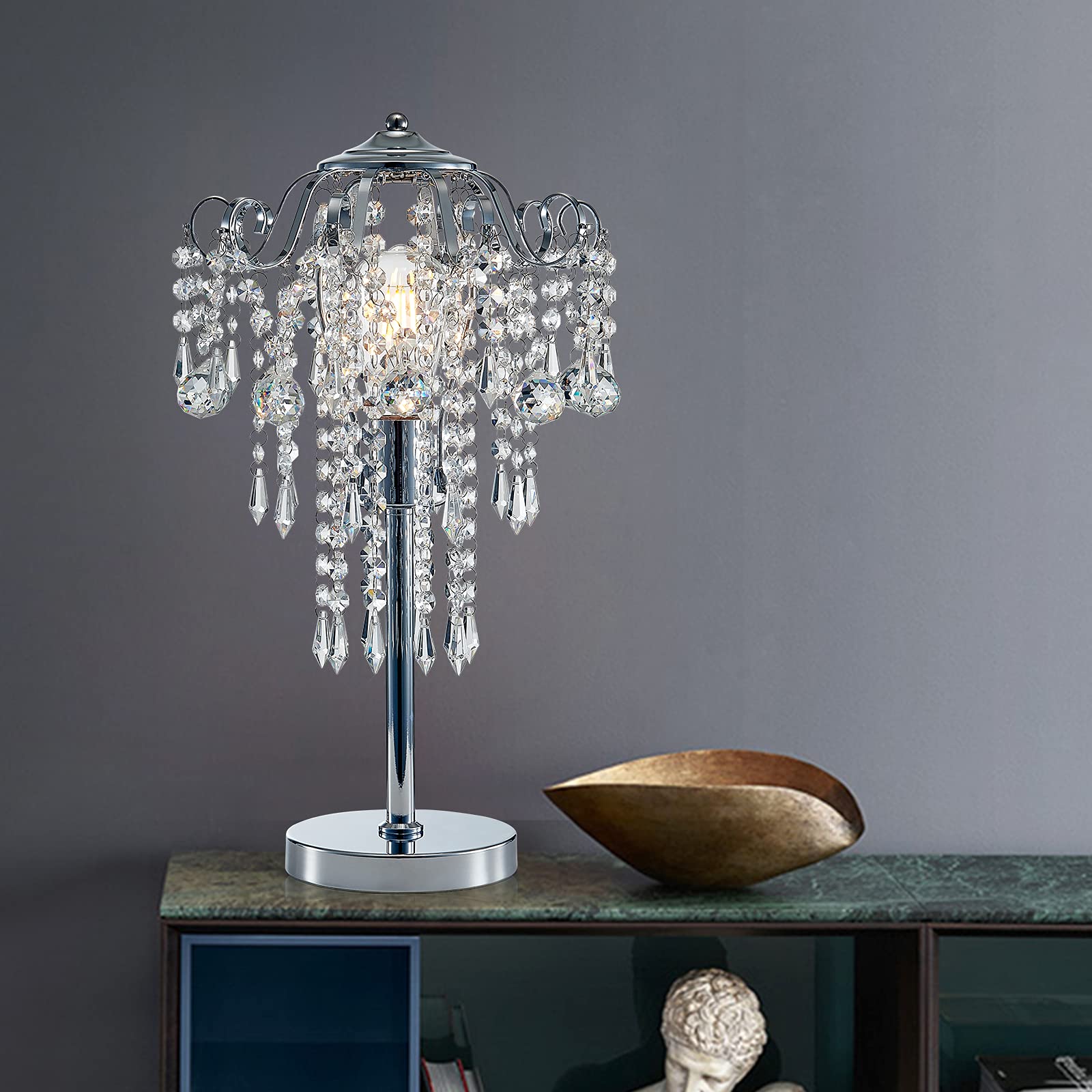 Meixisue Modern Table Lamp Chrome Metal And Clear Crystal Bedside Table Lamp End Table Lamp Nightstand Lamp For Bedroom Living Room Office Desk H20.4'' W11.81'' 1-Light E26