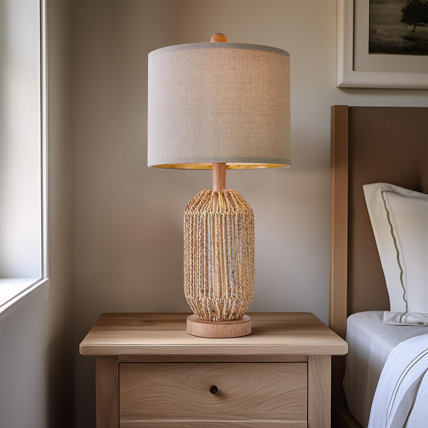 Oyears 21" Boho Table Lamp For Living Room, Bedside Lamp For Nightstands, Rattan Lamp For Bedroom, Farmhouse Table Lamp For Room Decor, End Table, Retro, Brown, 1 Pack
