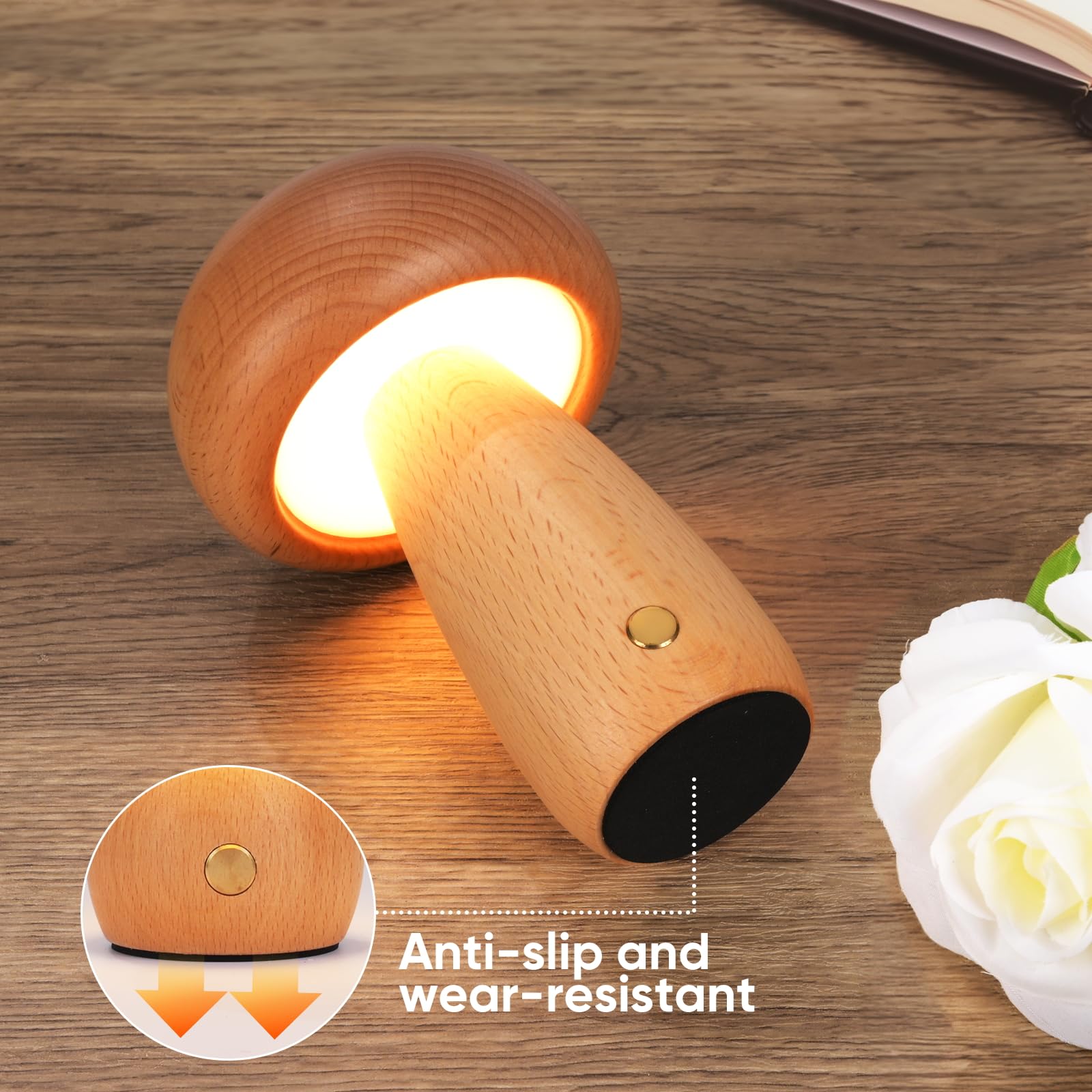 Lonrisway Wooden Mushroom Lamp For Bedroom, Portable Cordless Small Rechargeable Battery Operated Lamp,Stepless Dimming, Night Light For Birthday