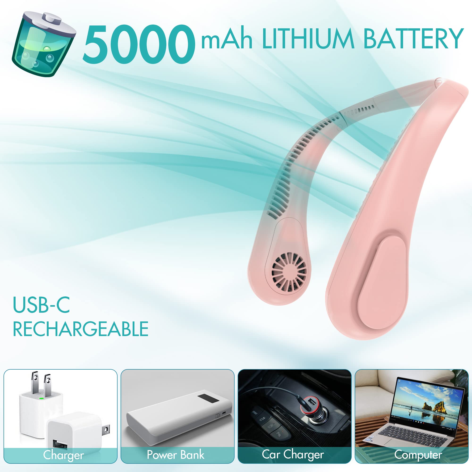 Comlife Bladeless Neck Fan, 5000Mah Rechargeable Battery Powered, Angle Adjustable, Hand-Free