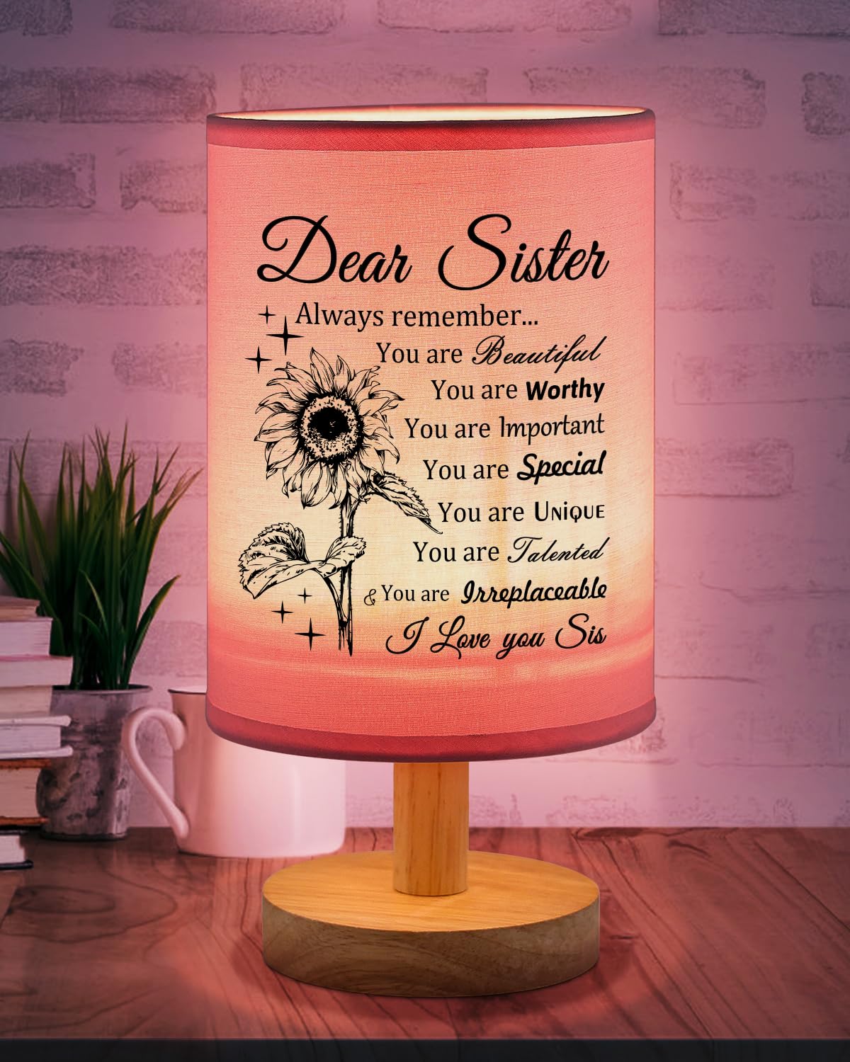 Calibron Sister , Sister Birthday Fabric Lamp, Birthday For Sister, Sisters From Sister Table Lamp With Wooden Stand, Anniversary Wedding For Sister (Pink)