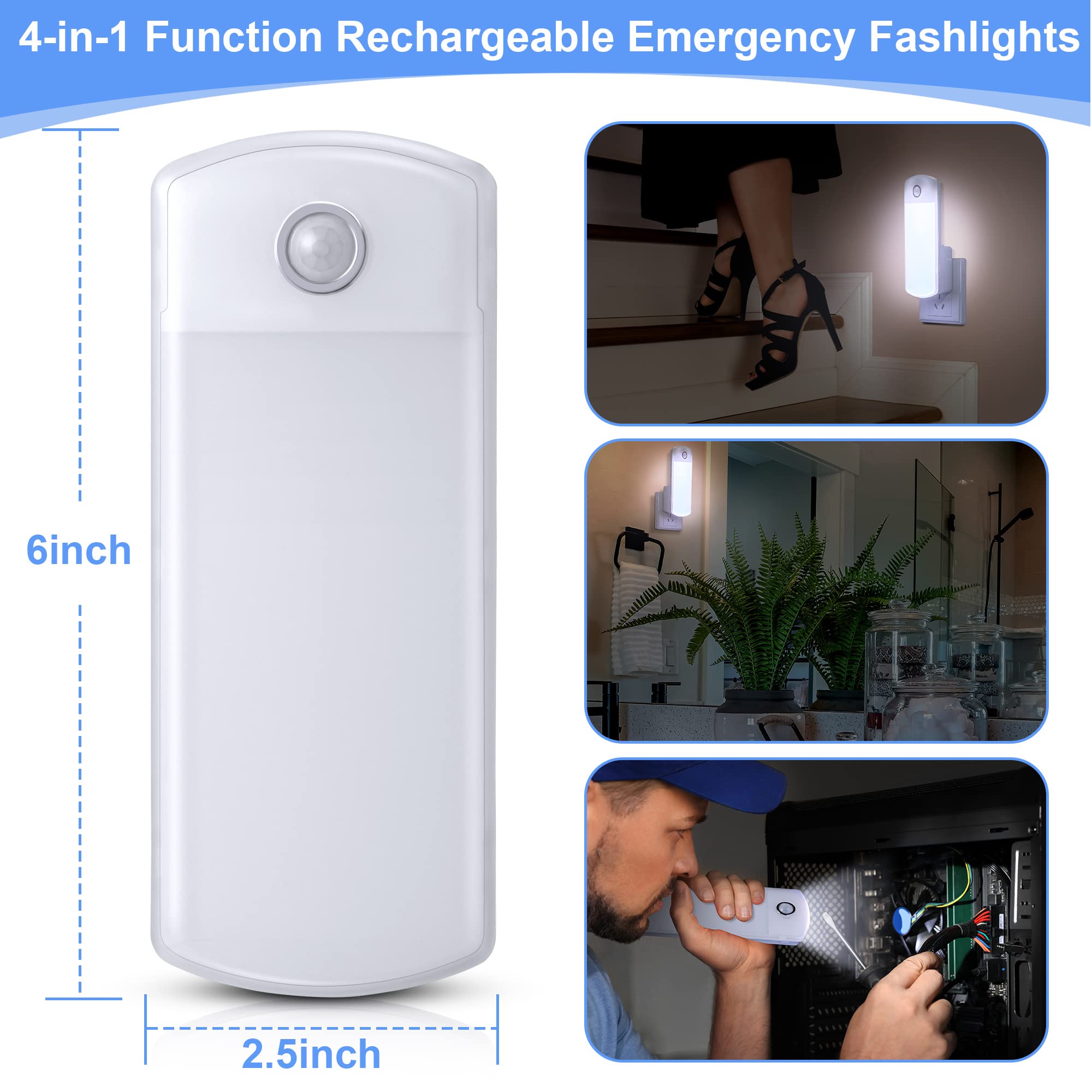 Enhon 3 Pack Led Power Failure Light, 4 In 1 Led Rechargeable Plug In Flashlights With Motion Detection, Led Emergency Lights For Home Power Failure Black Outs Hurricane Supplies