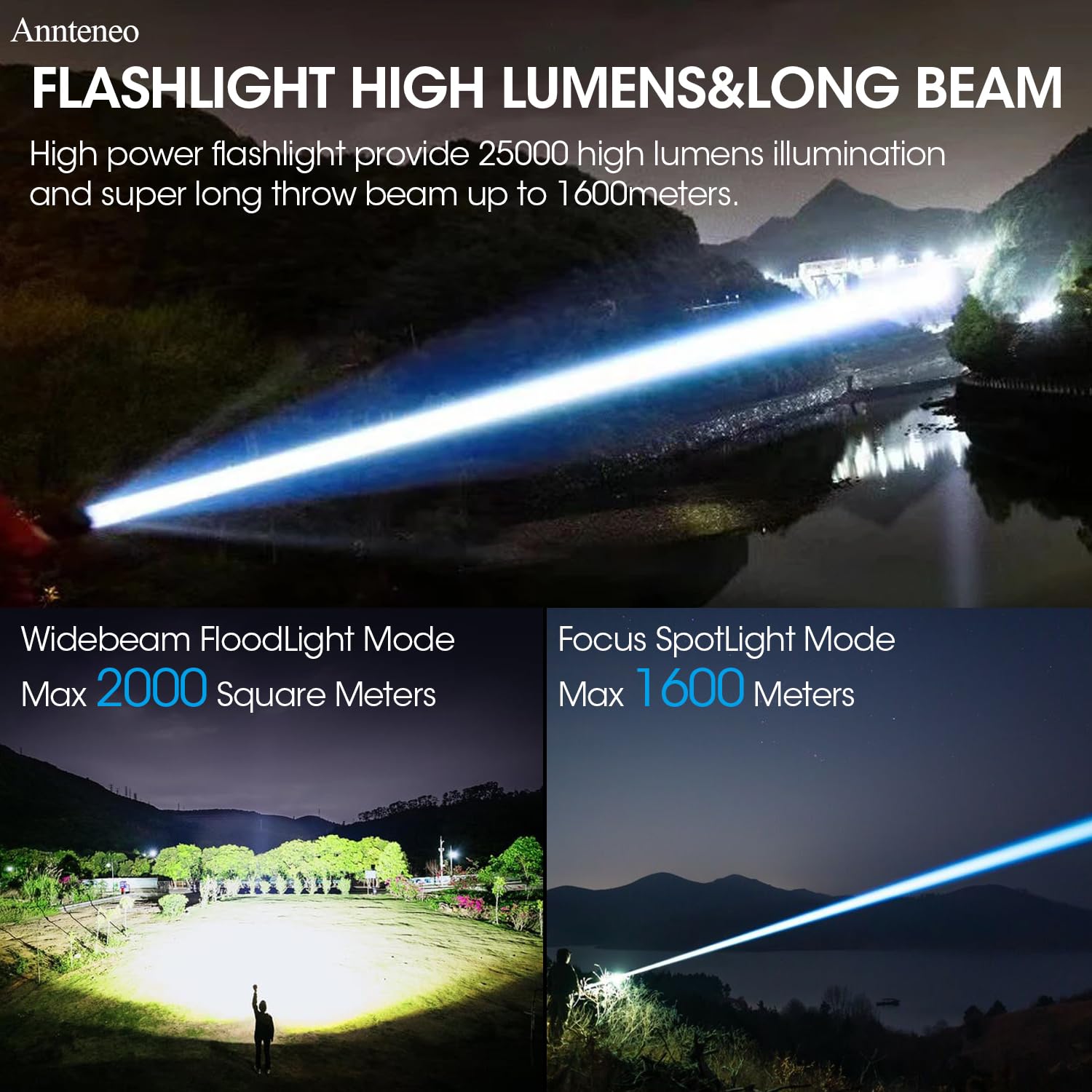 Annteneo Rechargeable Flashlights High Lumens - 25000 Lumen Super Bright Spotlight Led Flashlight, 4 Modes Tactical Flash Light Powerful Flashlight For Home Emergency Camping(With Case)