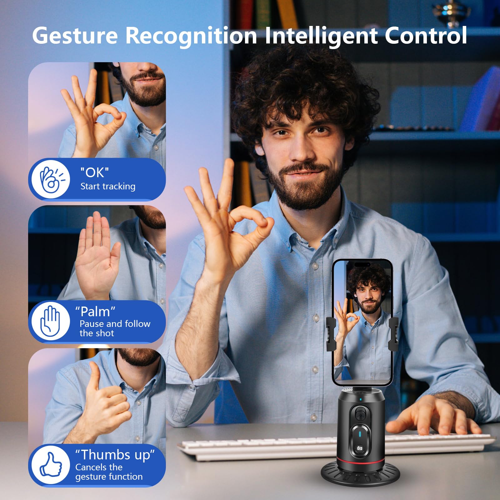 Kalofaye Automatic Face Tracking Tripod, 360° Rotating Smart Camera Stand, Led Fill Light, No App Required, Gesture Control, With Detachable Remote Control, Suitable For Vlog Live Broadcast And Video