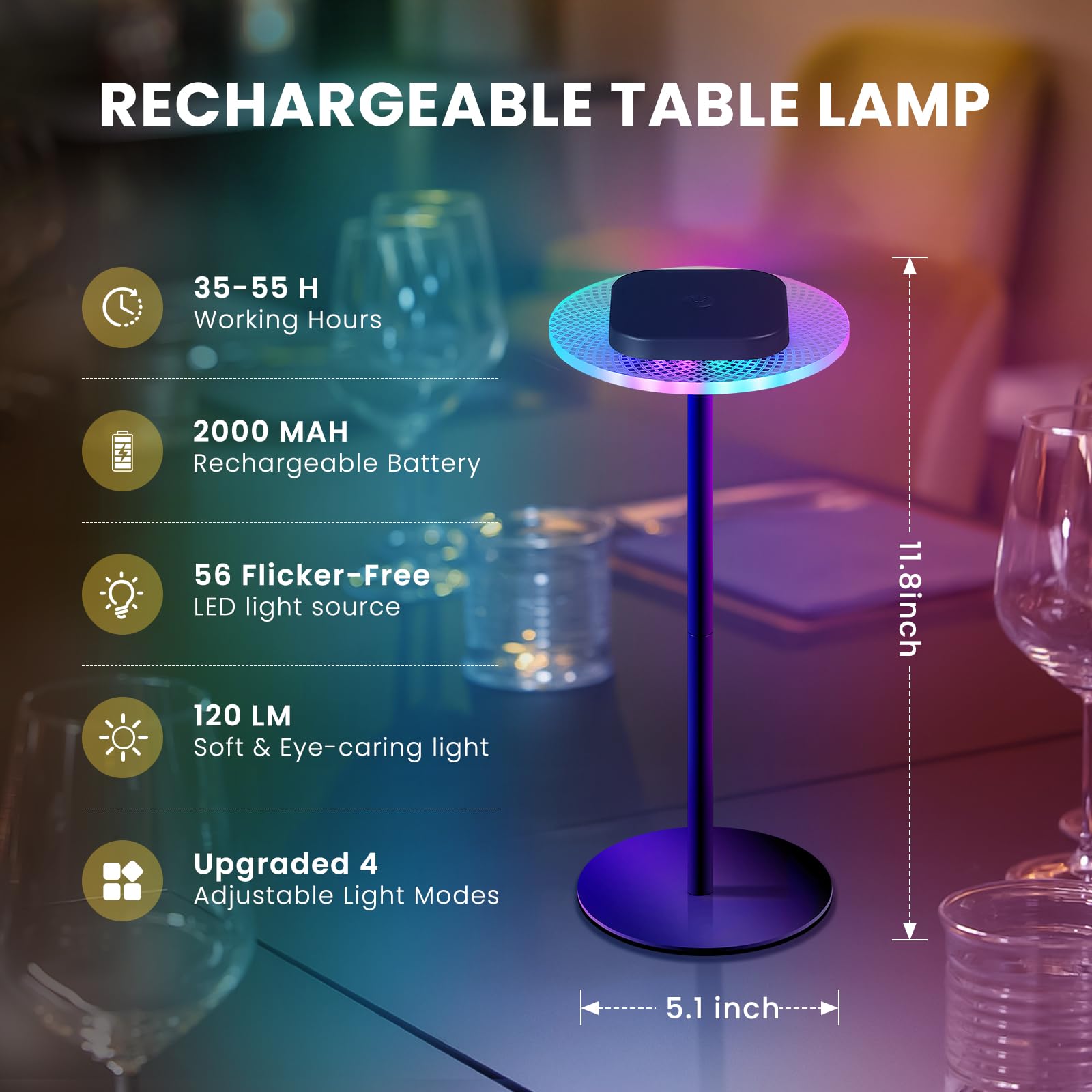 Loftek Cordless Led Table Lamp- Rechargeable Bedside Lamp Rgb Color Changing 4 Modes, Dimmable Portable Table Lamp For Bedroom Living Room Dinning Game Room Party Atmosphere Lights (Black)