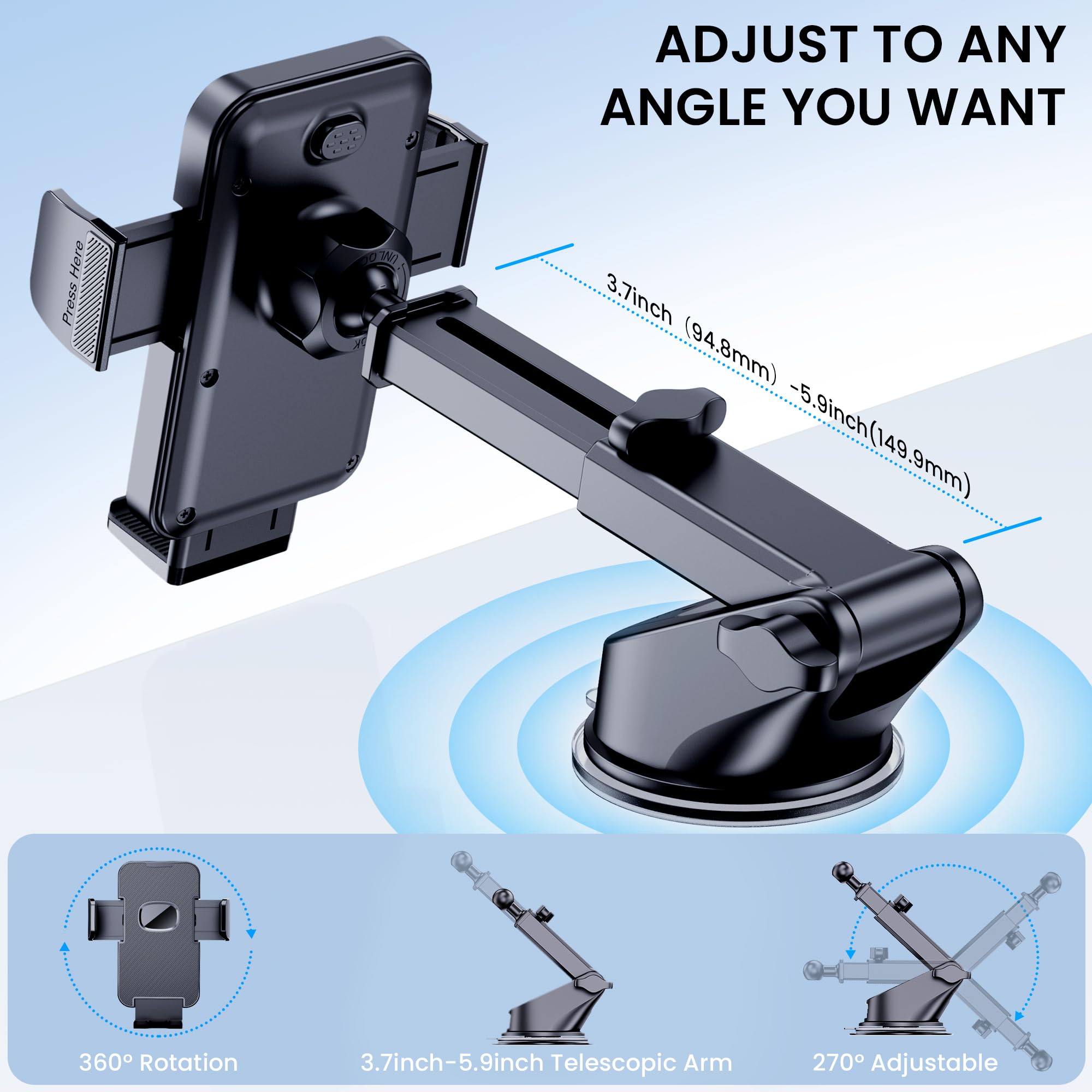Guwez Phone Holder Car Mount For Iphone [Powerful Suction] Phone Mount For Car Dashboard Windshield Air Vent Universal Accessories [Thick Cases Friendly] Automobile Phone Holder Fit Iphone Smartphone