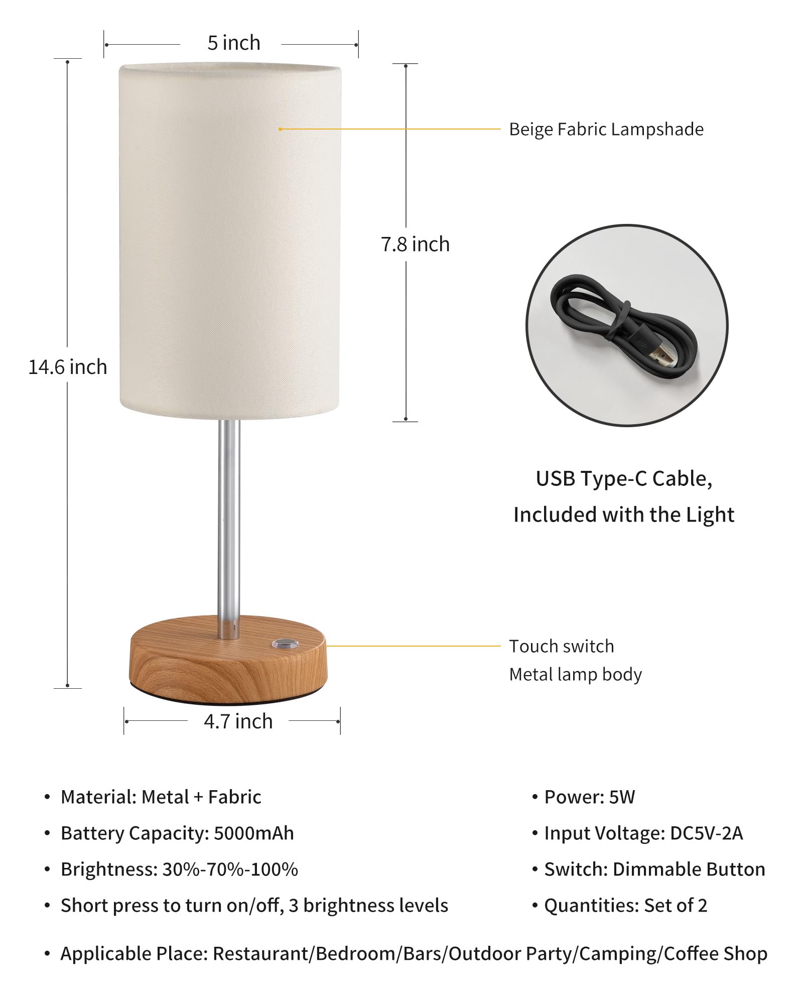 Kdg Simple Cordless Table Lamp, Portable Bedside 5000Mah Led Desk Lamp, 3 Brightness Levels Emergency Light, Linen Lampshade For Living Room, Bedroom, Dining Room, Night Light (Silver)